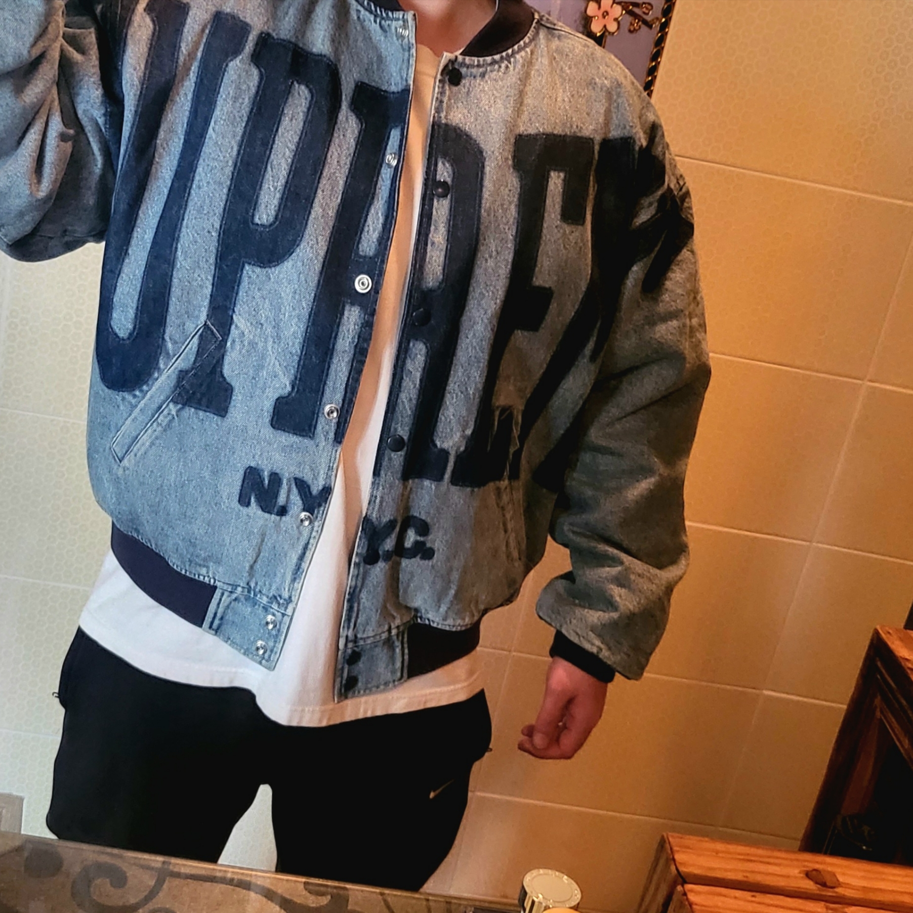 Supreme Washed Knockout Denim Varsity Jacket Washed Blue - 23SS 착용 스타일 - 2