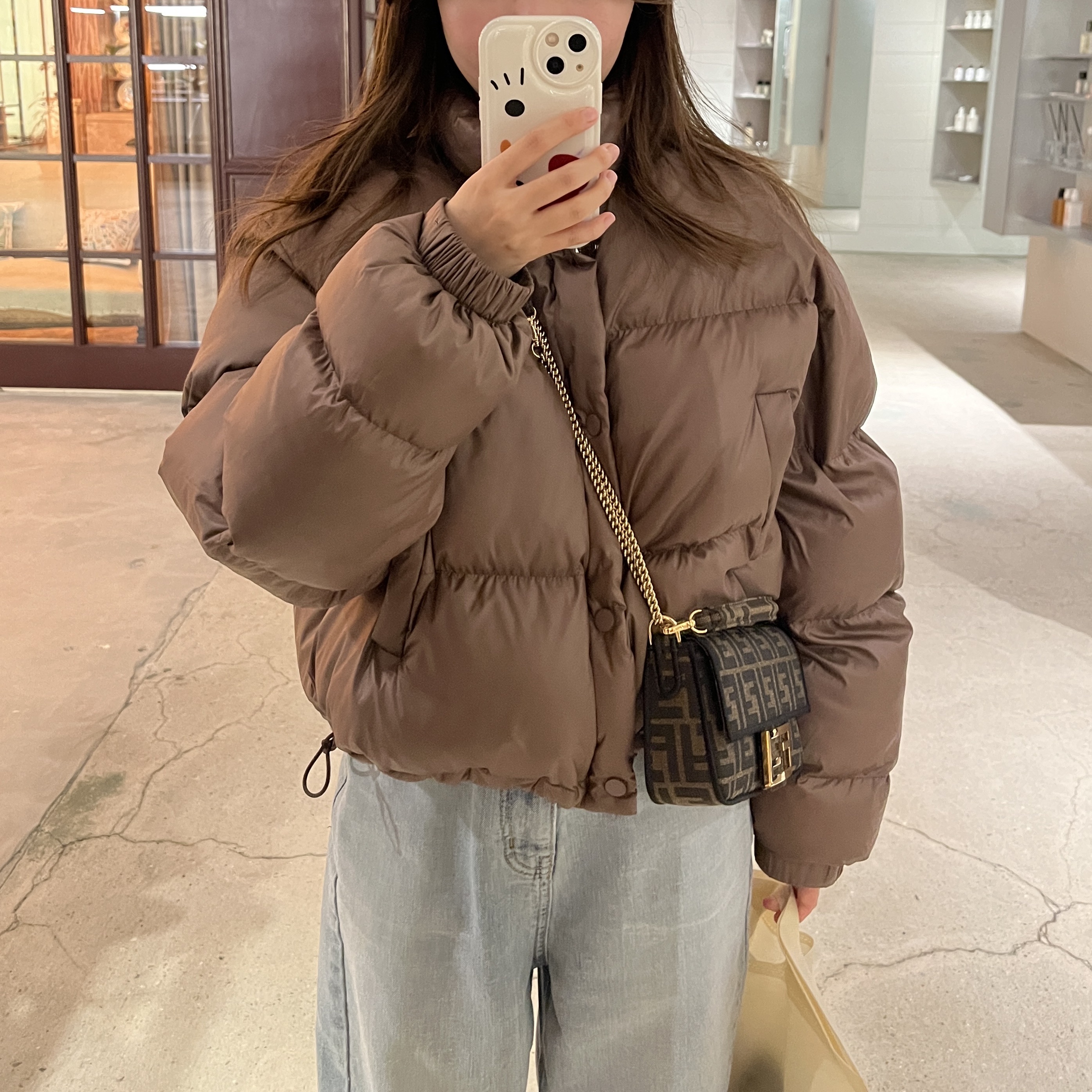 Fendi Mini Baguette FF Motif Fabric Bag Brown 착용 스타일