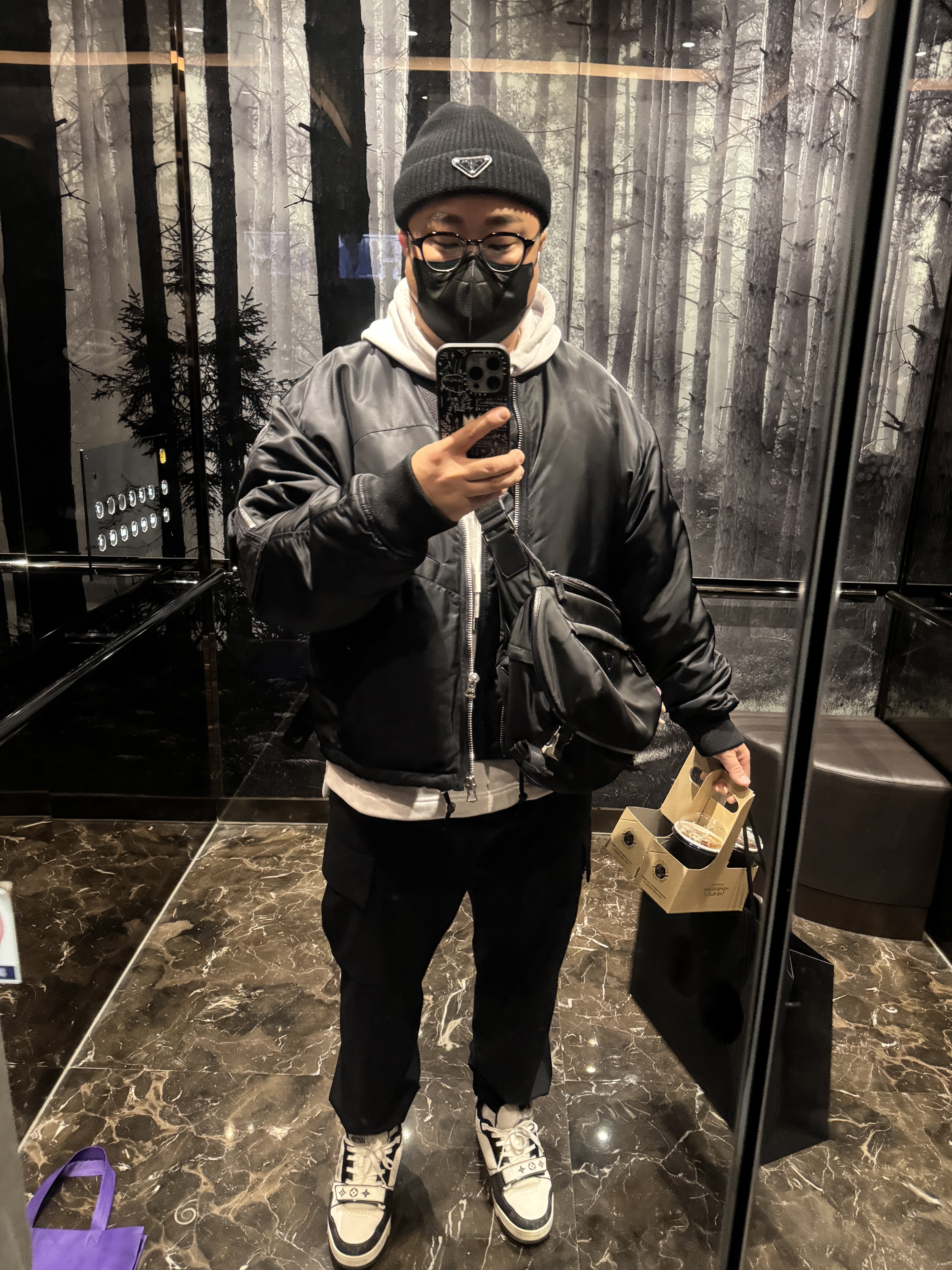 Prada Re-Nylon and Saffiano Leather Shoulder Bag Black, Louis Vuitton LV Trainer Sneakers Black 착용 스타일