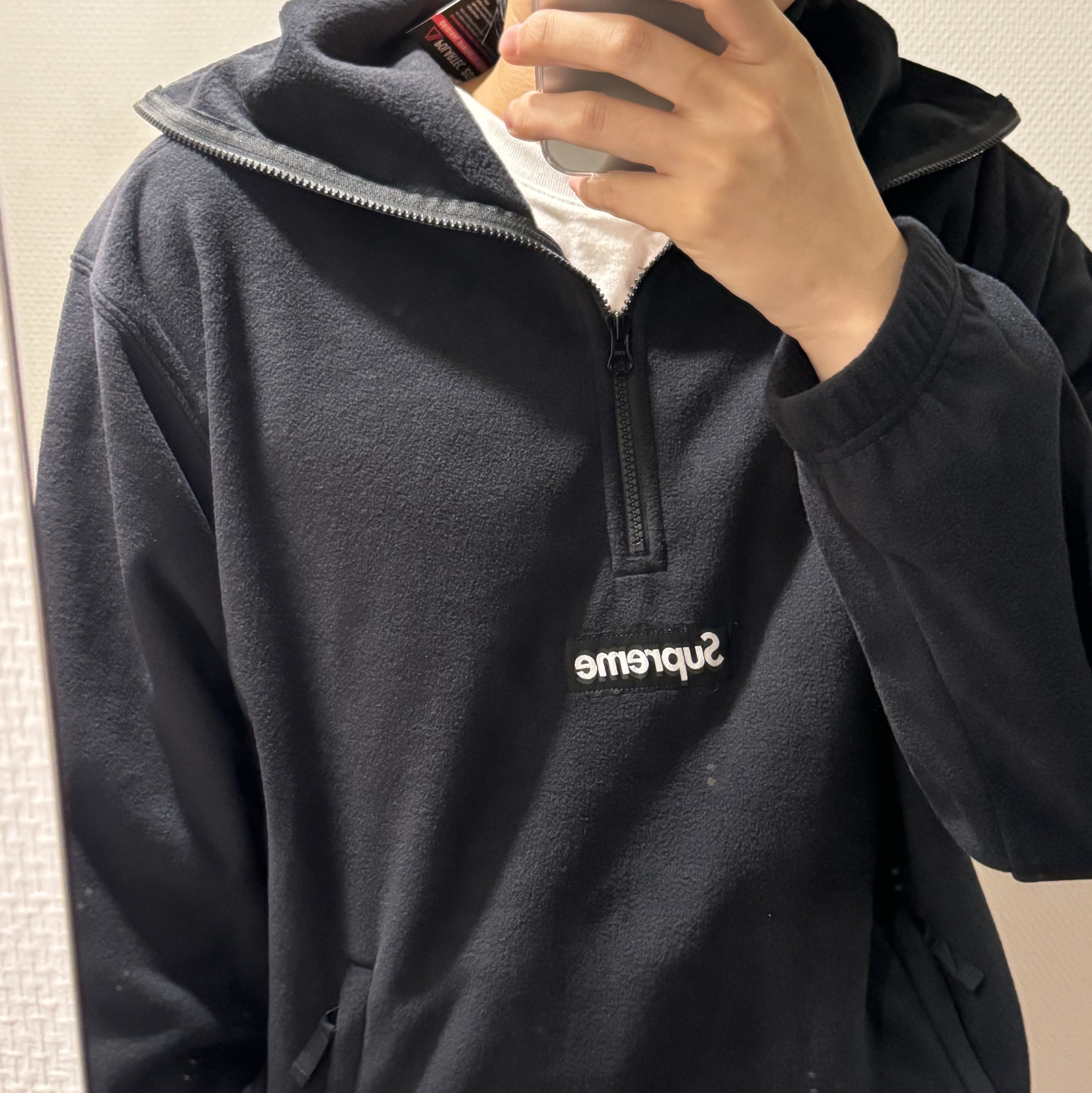 Supreme Polartec Facemask Half Zip Hooded Sweatshirt Black - 23FW 착용 스타일