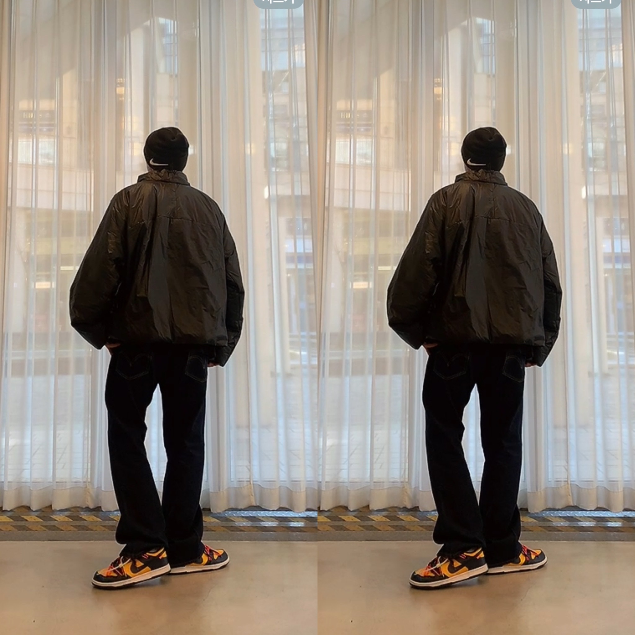 Yeezy Gap Engineered By Balenciaga Mock Neck Pullover Puffer Black, Nike x Off-White Dunk Low University Gold Midnight Navy 착용 스타일 - 2