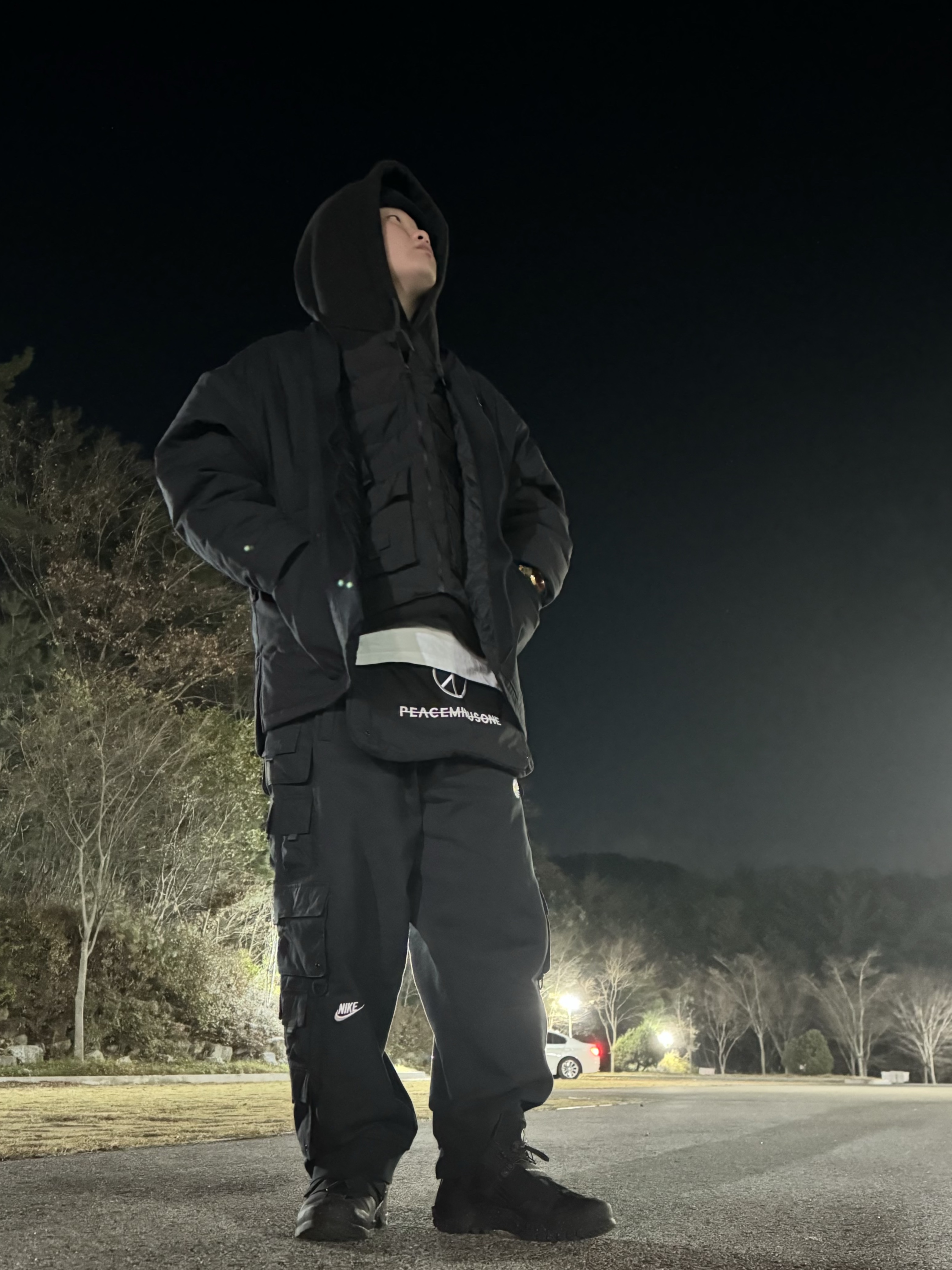 Nike x Peaceminusone Wide Pants Black (DR0096-010), Nike x Peaceminusone 2+1 Jacket Black (DR0100-010) 착용 스타일