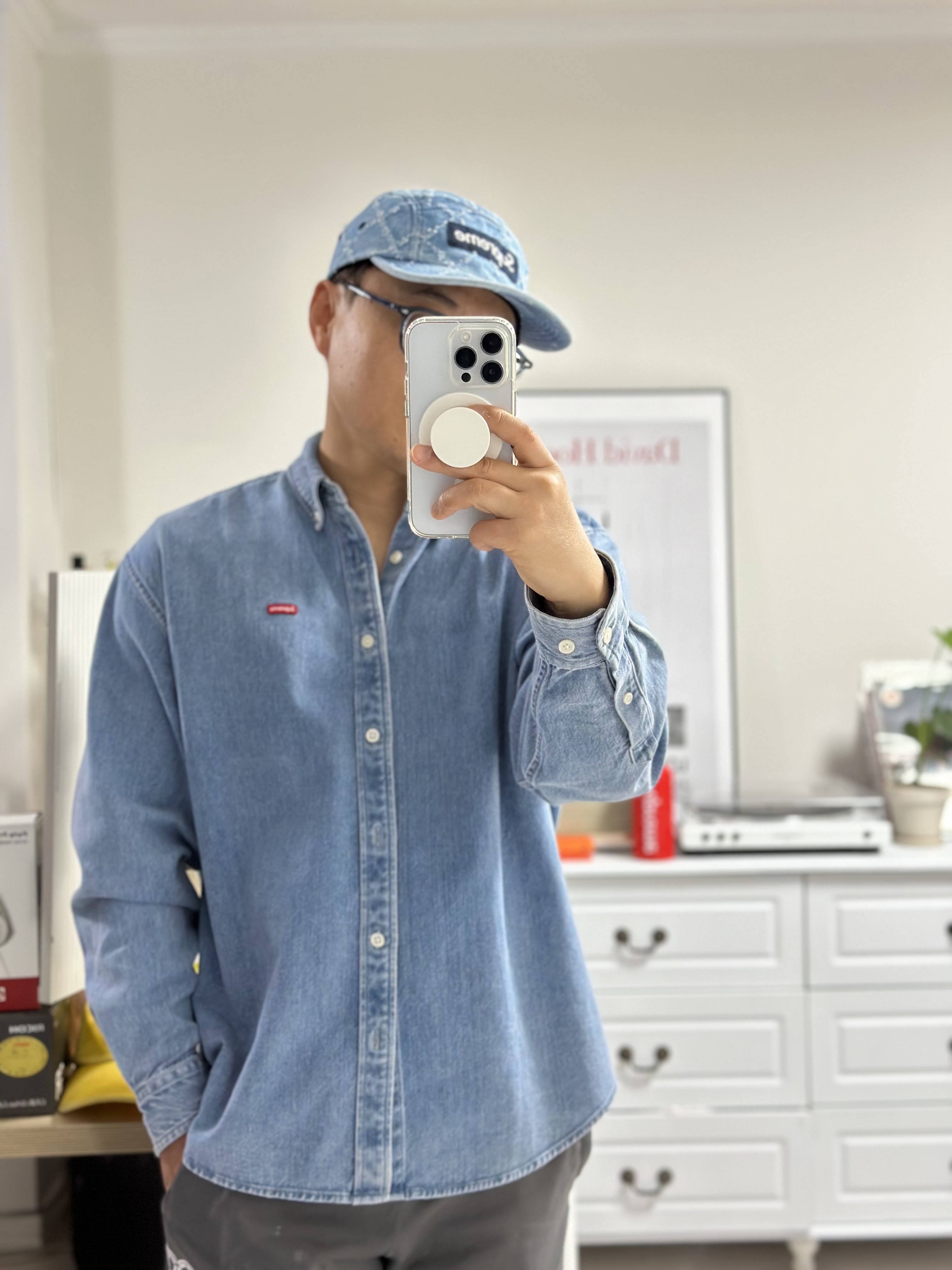 Supreme Small Box Shirt Denim - 23FW, Supreme Punched Denim Camp Cap Washed Indigo - 23FW 착용 스타일