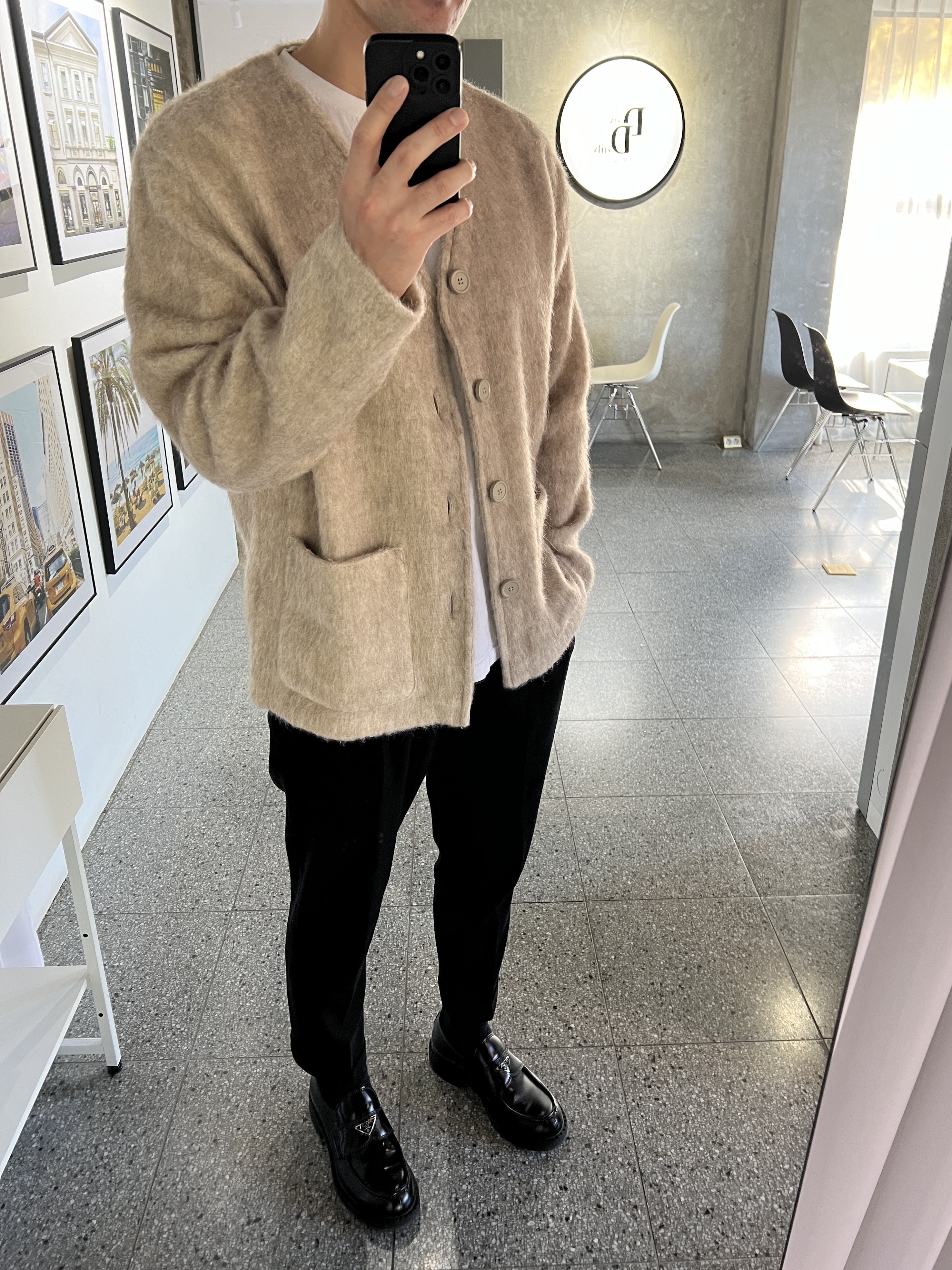 Our Legacy Cardigan Mohair Antique White, Prada Chocolate Brushed Leather Loafers Black 착용 스타일 - 2