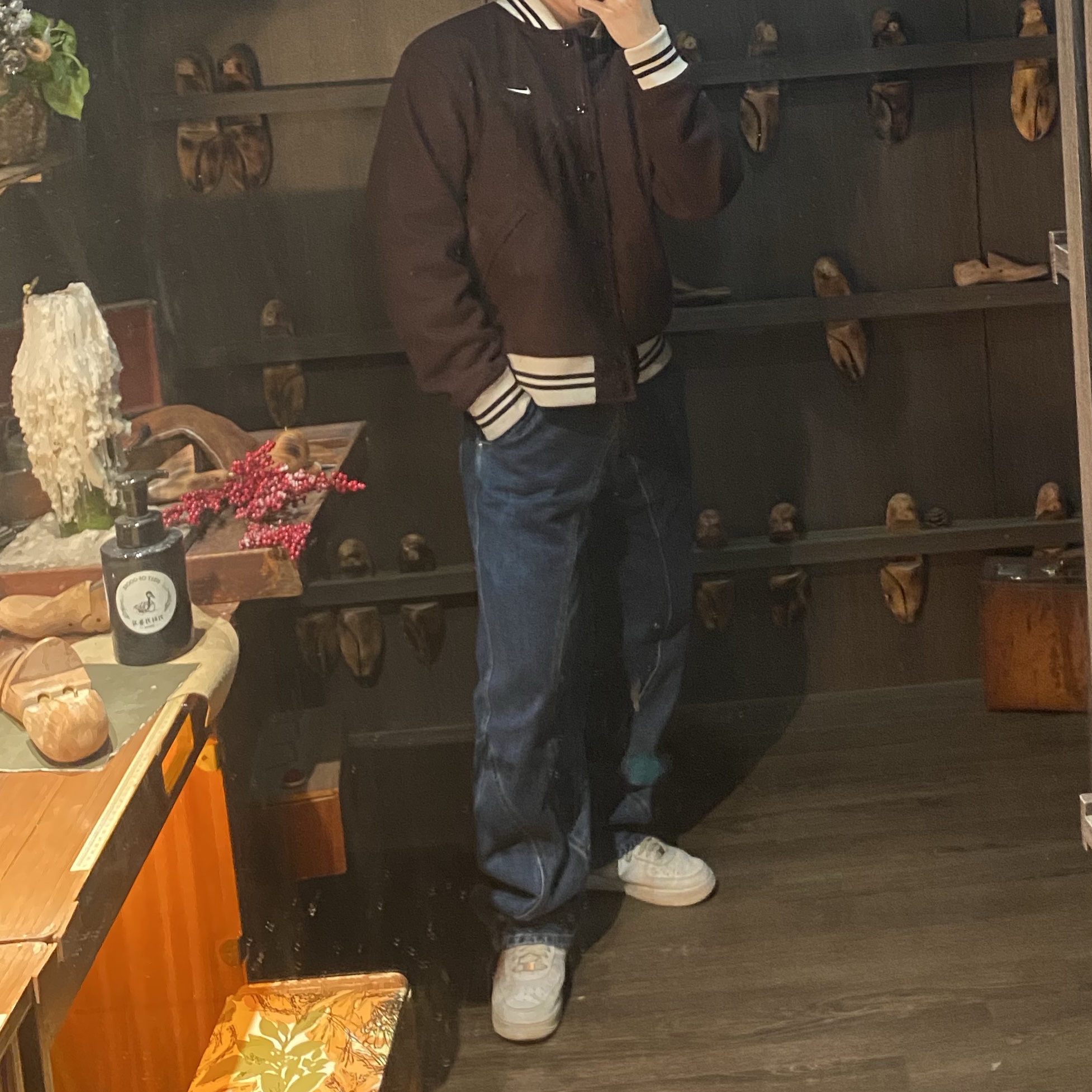 Nike NSW Authentics Varsity Jacket Brown Basalt - Asia, Nike Air Force 1 '07 Low White 착용 스타일