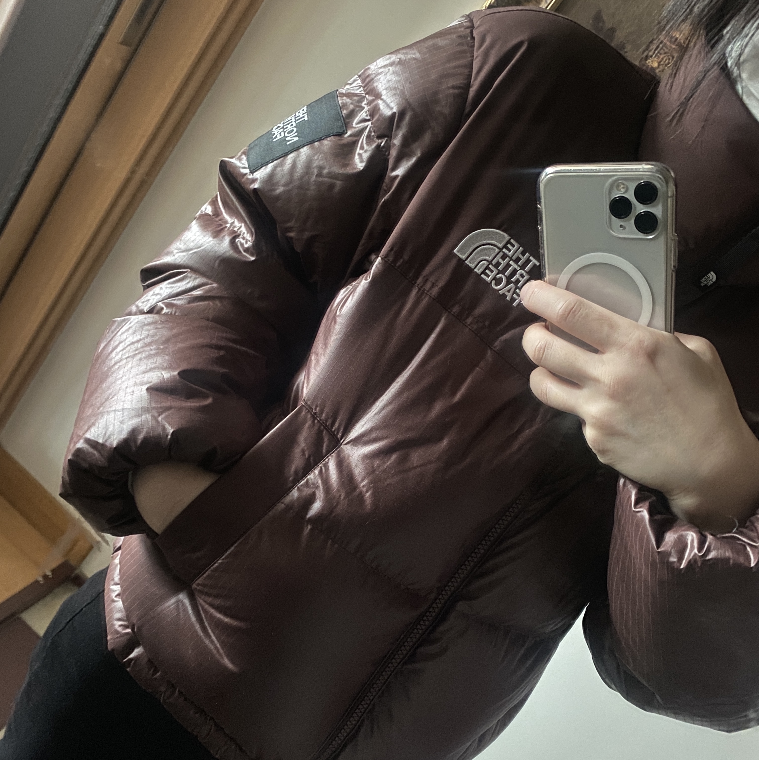 (W) The North Face White Label Novelty Nuptse Down Jacket Cocoa Brown 착용 스타일