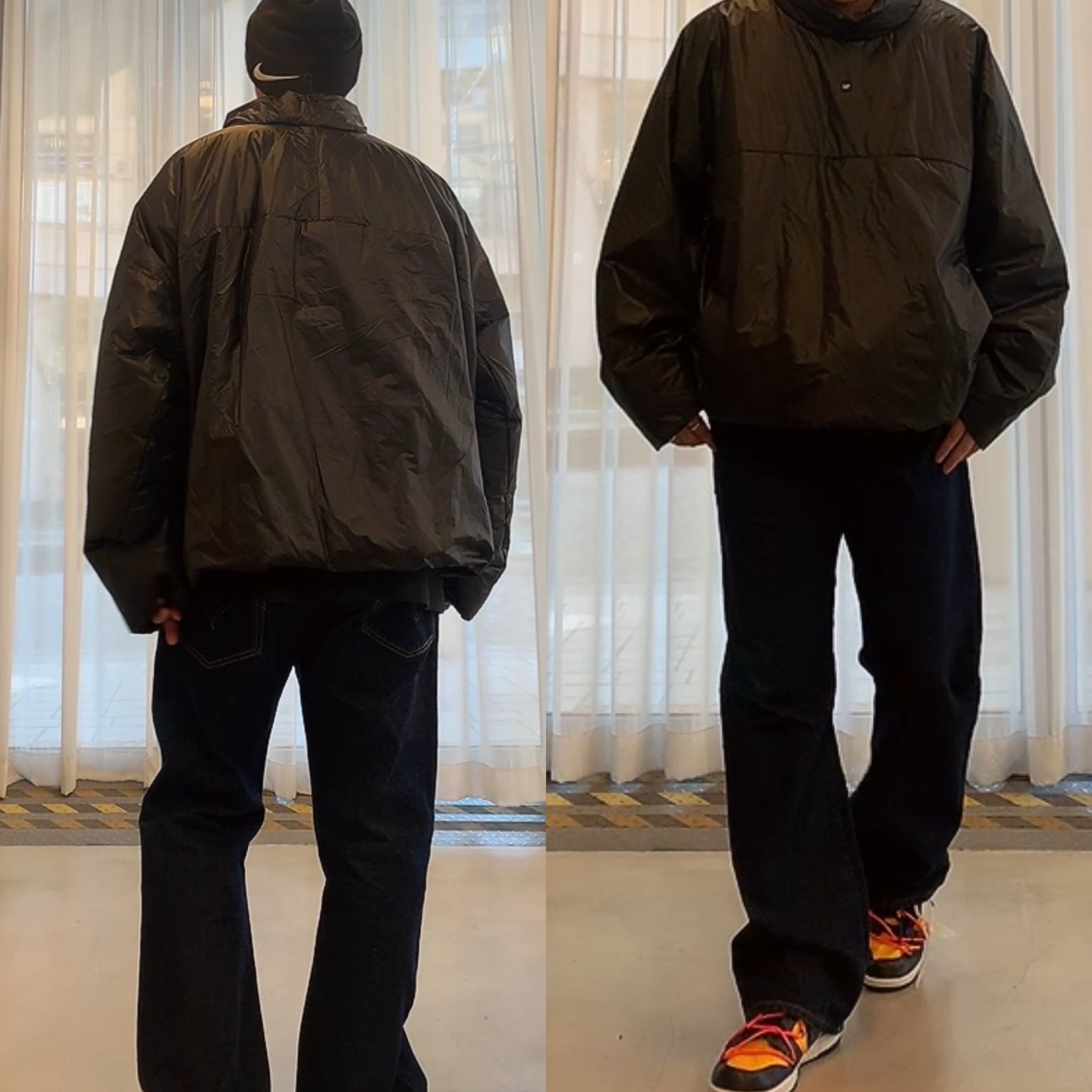 Yeezy Gap Engineered By Balenciaga Mock Neck Pullover Puffer Black, Nike x Off-White Dunk Low University Gold Midnight Navy 착용 스타일 - 1