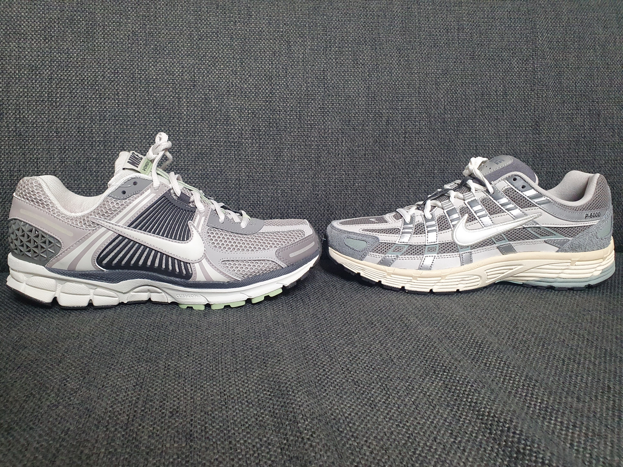 (W) Nike Zoom Vomero 5 Cobblestone and Flat Pewter, Nike P-6000 Flat Pewter Light Iron Ore 착용 스타일 - 1