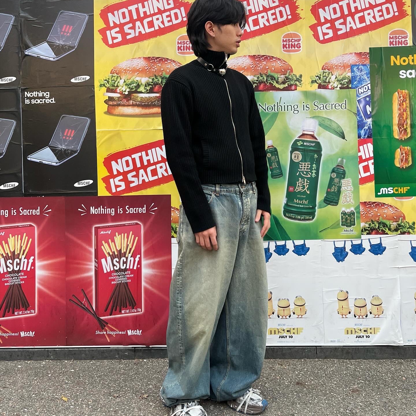 Project G/R BDSM Ball Gag Buckle Knit Zip-Up Black, Balenciaga Large Baggy Jeans in Blue Coated Soft Denim 착용 스타일 - 5