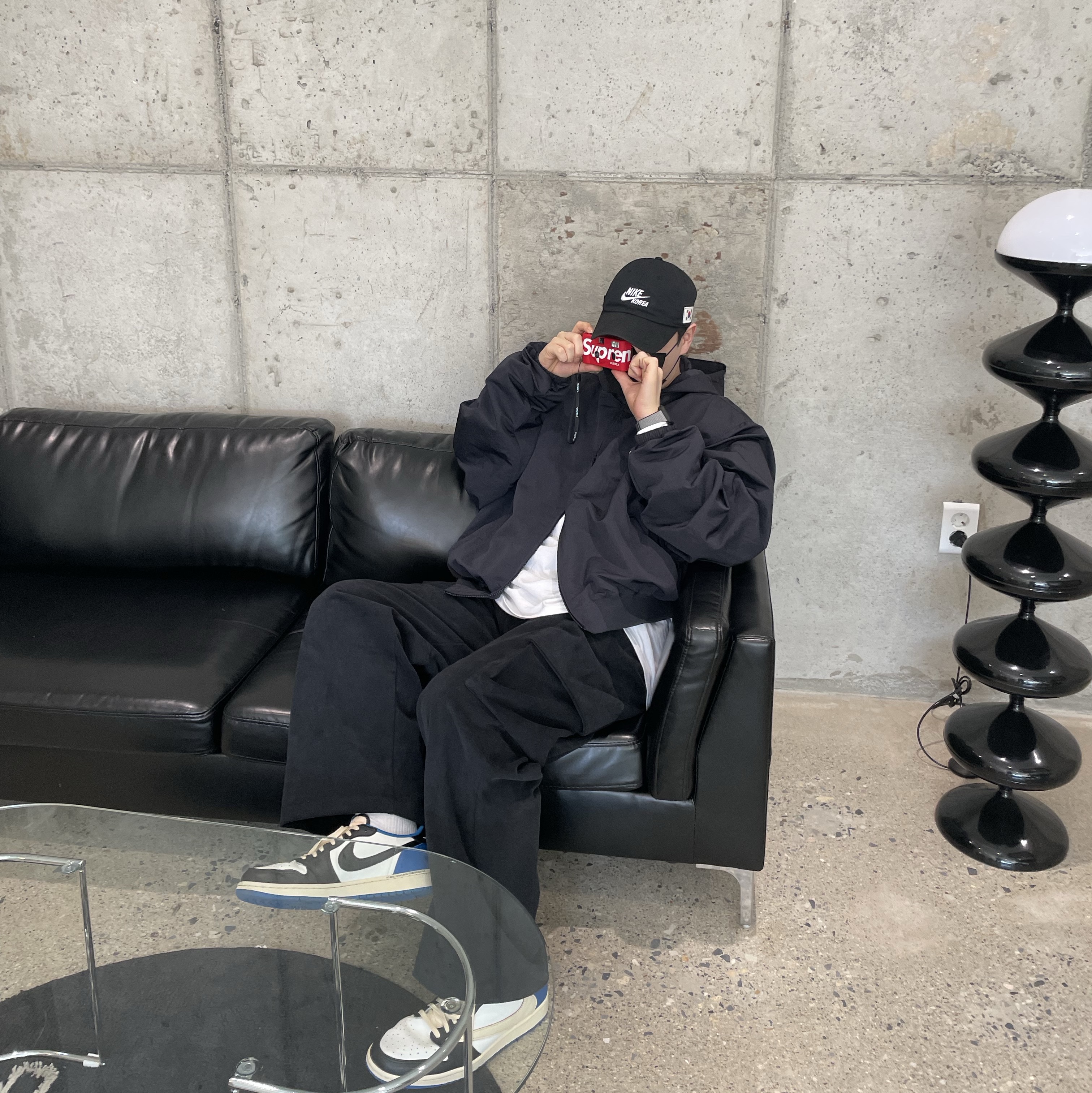 Nike H86 Korea Cap Black, Nike x Fear of God Bomber Hooded Jacket Black 착용 스타일 - 1