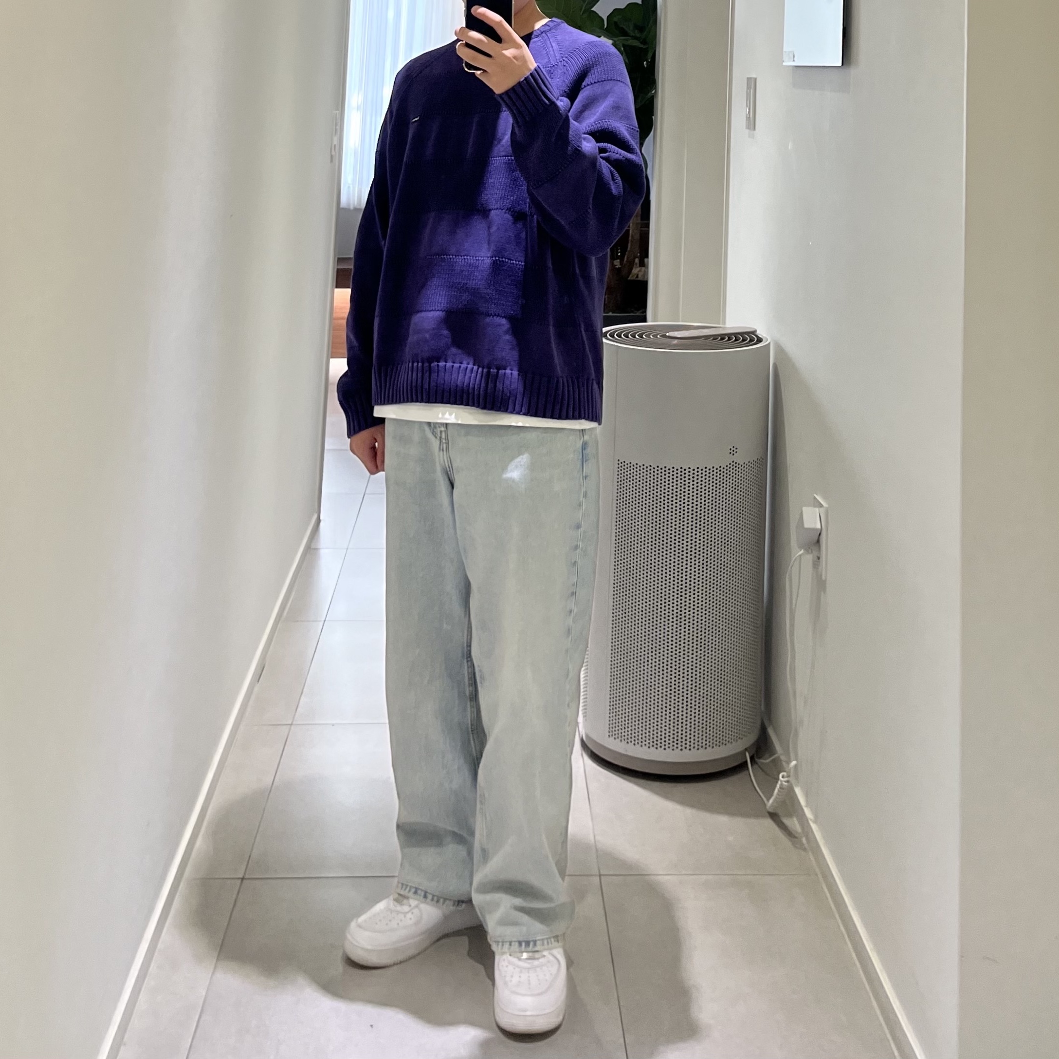 Nike x Supreme Air Force 1 Low White, Supreme Small Box Stripe Sweater Purple - 23SS 착용 스타일