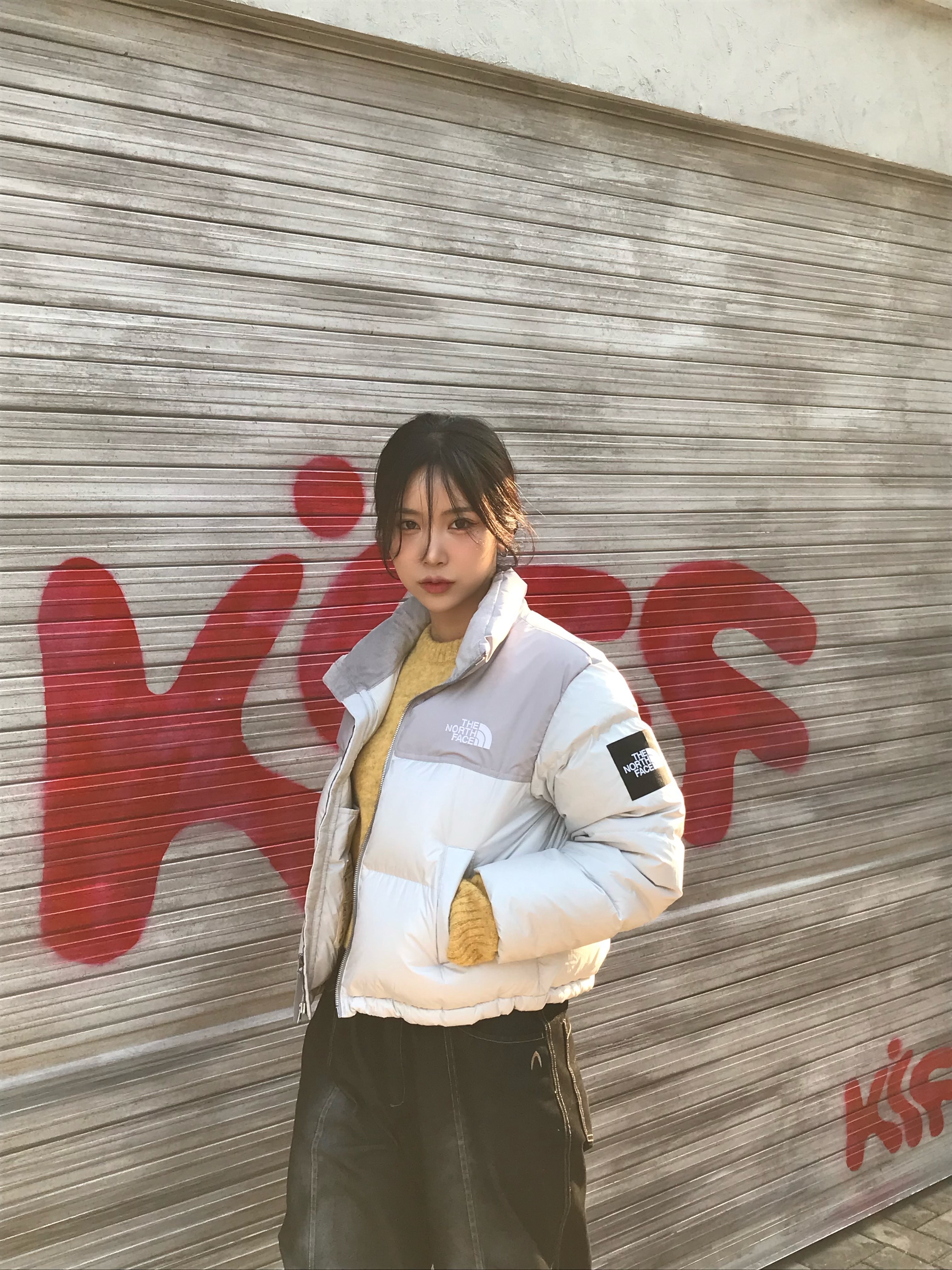 (W) The North Face White Label Novelty Nuptse Down Jacket Ice Gray 착용 스타일 - 1