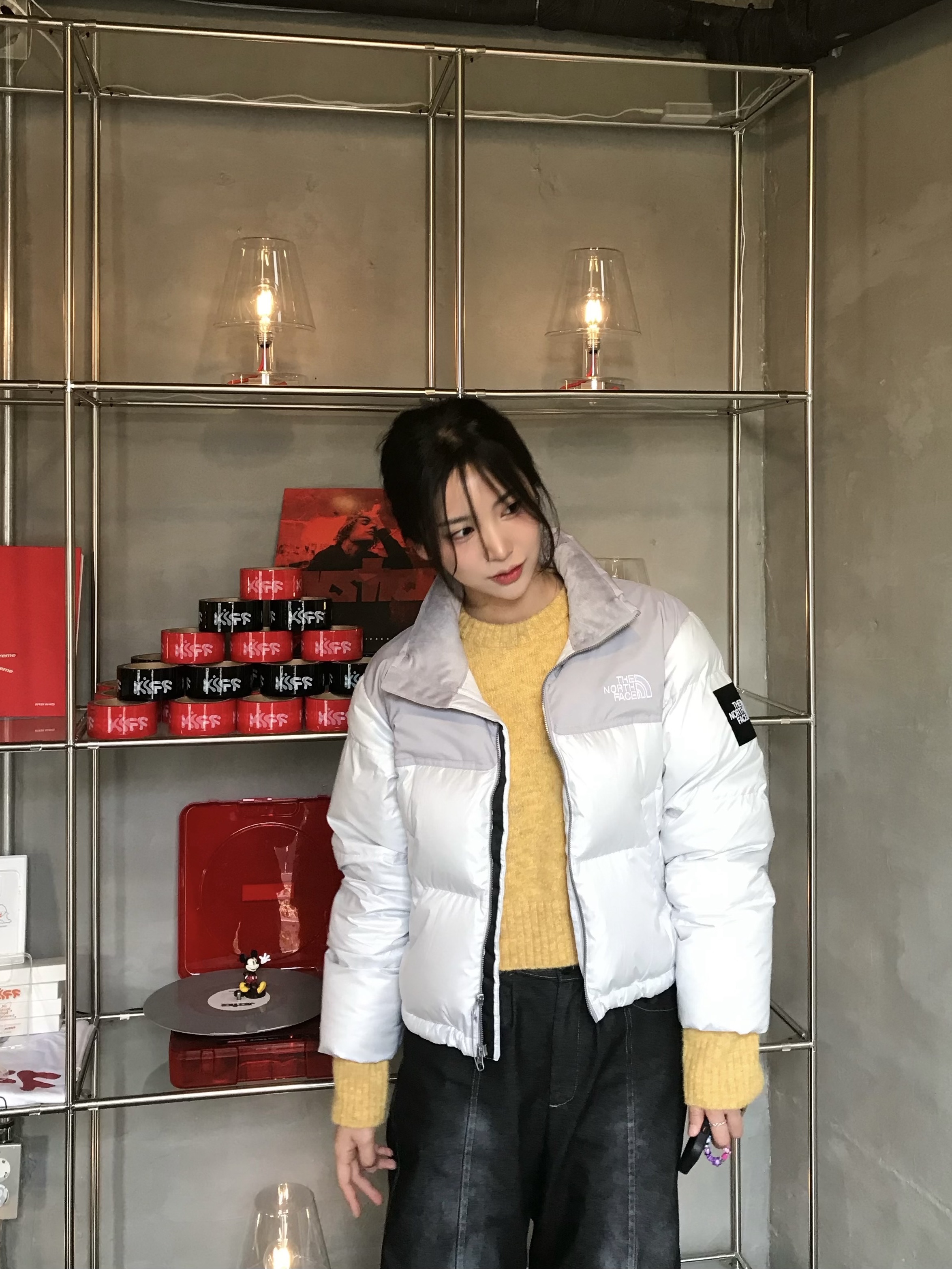 (W) The North Face White Label Novelty Nuptse Down Jacket Ice Gray 착용 스타일 - 2