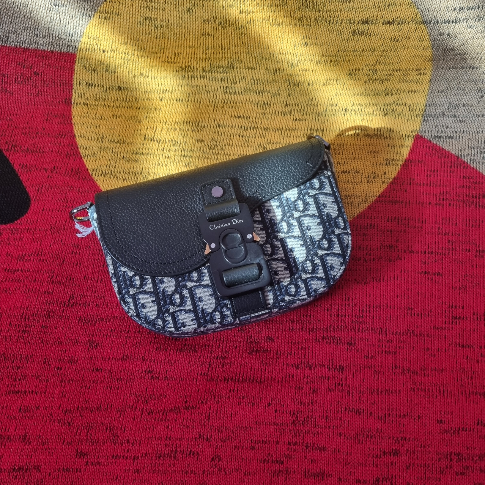 Dior Saddle Pouch with Strap Grained Calfskin Beige & Black Dior Oblique Jacquard Black 착용 스타일 - 1