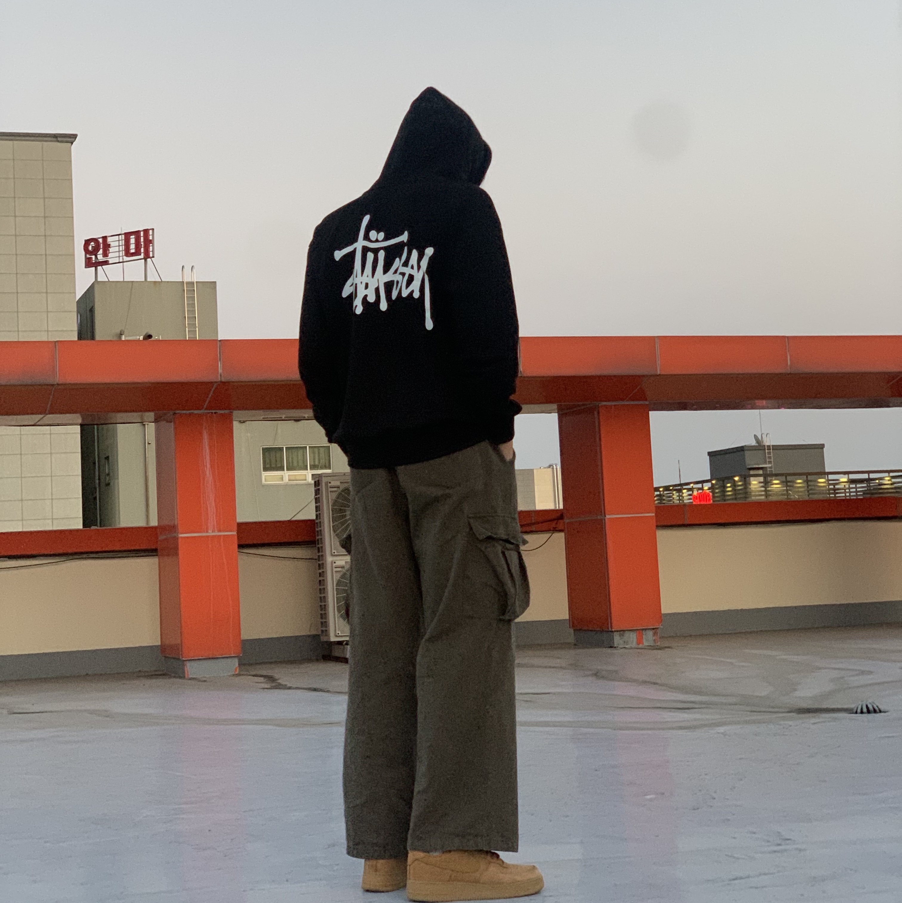 Nike Air Force 1 '07 WB Flax, Stussy Basic Stussy Hoodie Black 2023 착용 스타일
