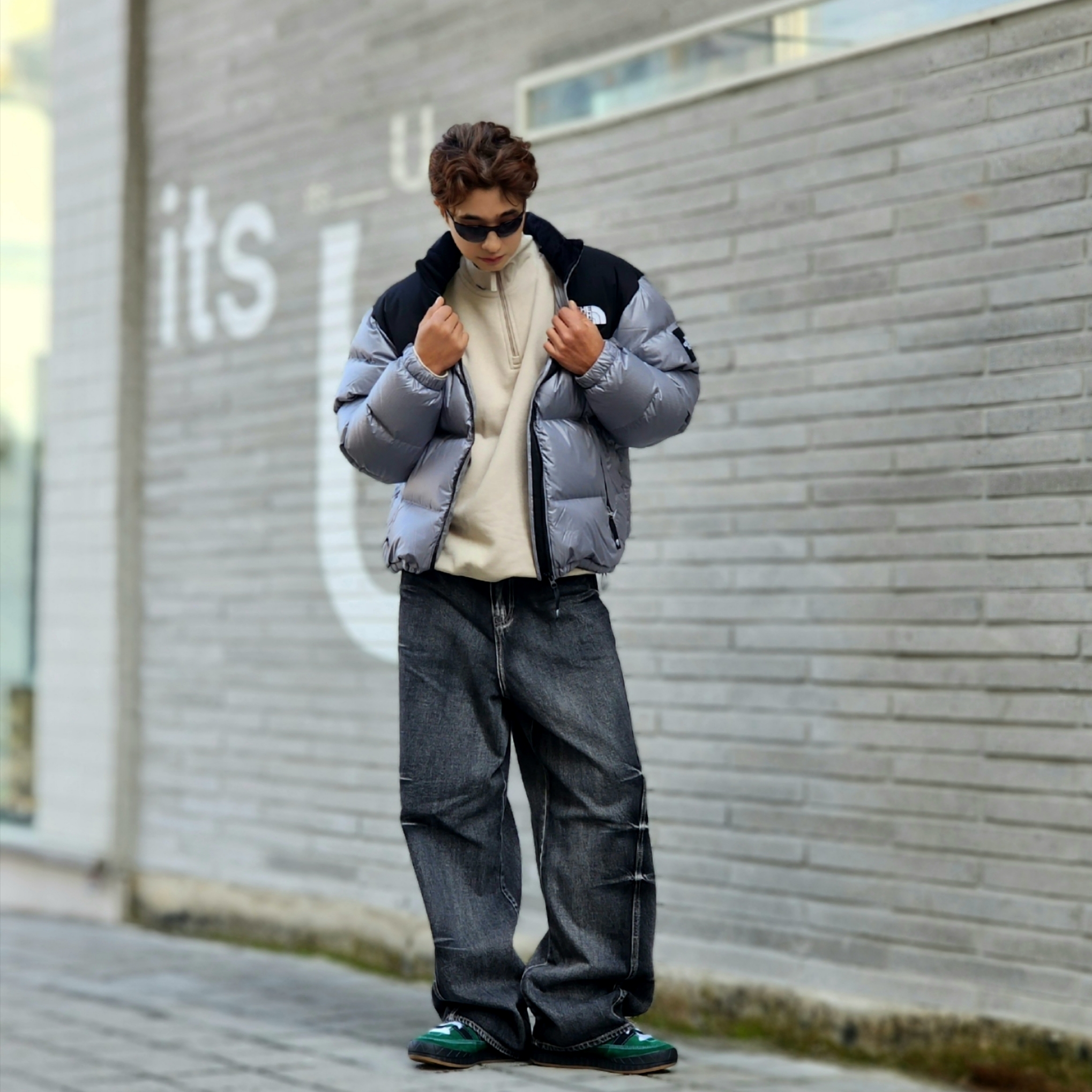 Adidas x YNuK Adimatic Dark Green Core Black, The North Face White Label Novelty Nuptse Down Jacket Heather Gray 착용 스타일 - 9