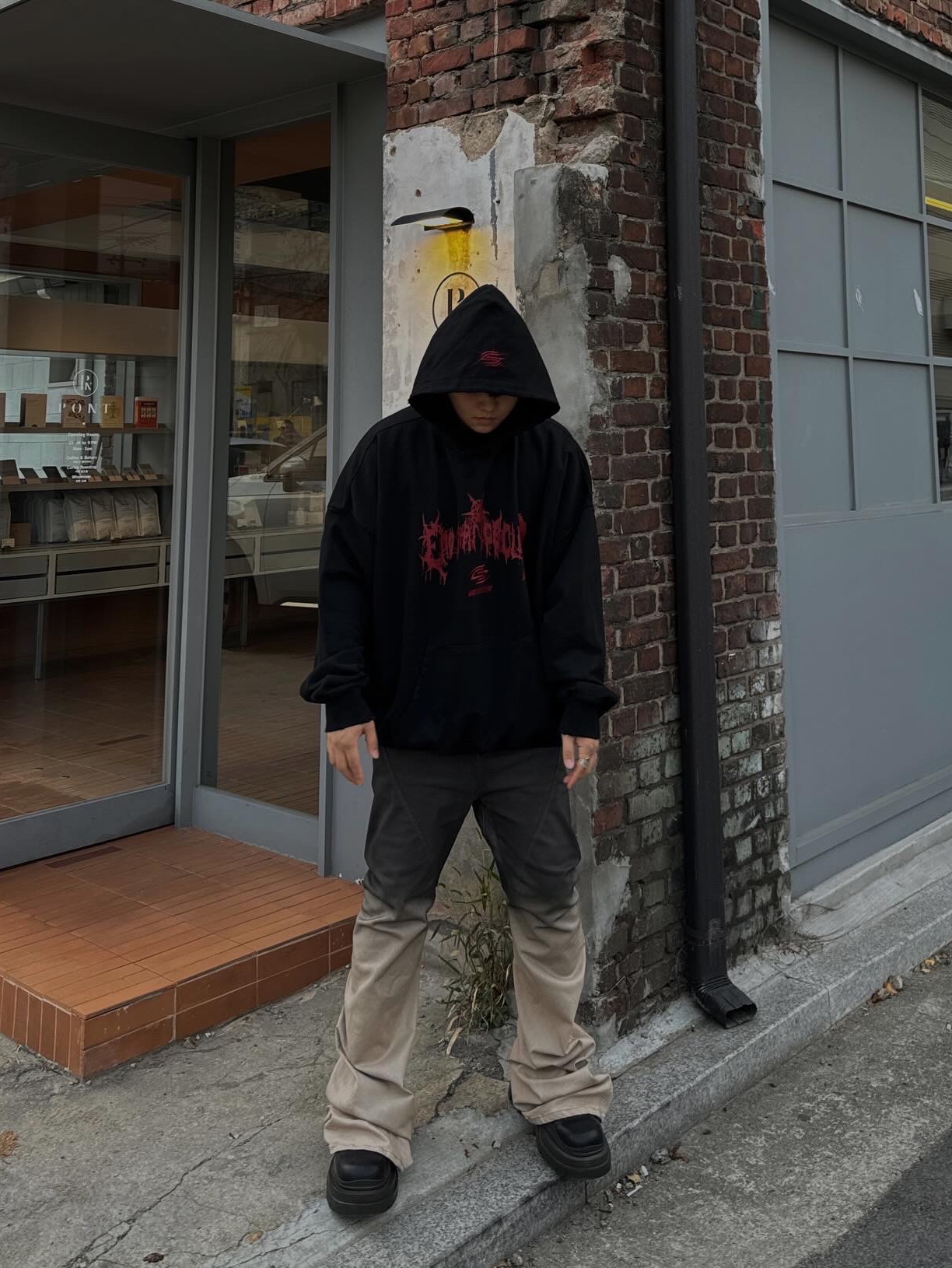Undermycar x Emostanceclub Deremo Double Logo Oversized Hoodie Toreador - 23FW 착용 스타일