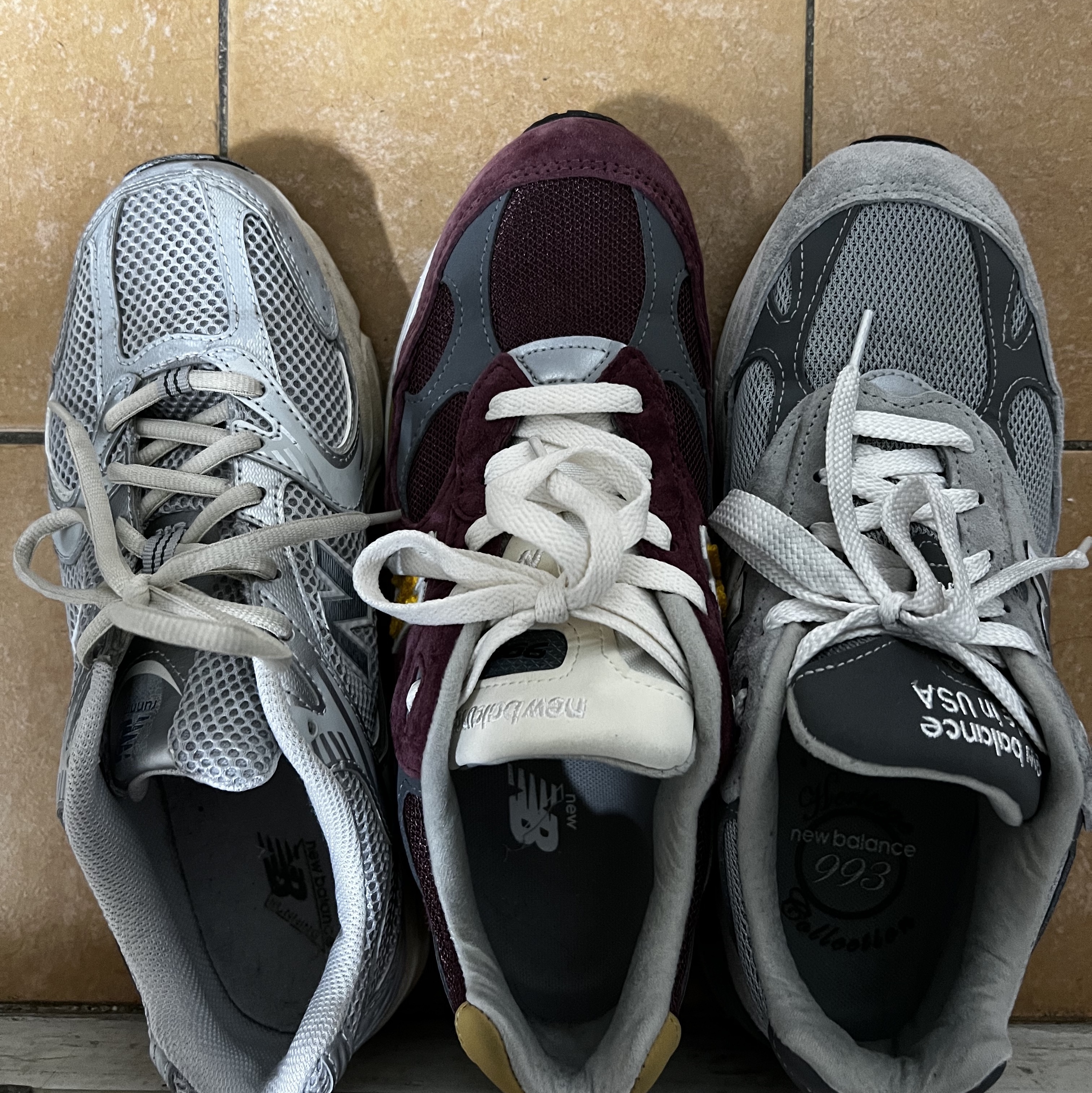 New Balance 993 Made in USA Grey - D Standard, New Balance 992 Made in USA Burgundy Gold 착용 스타일