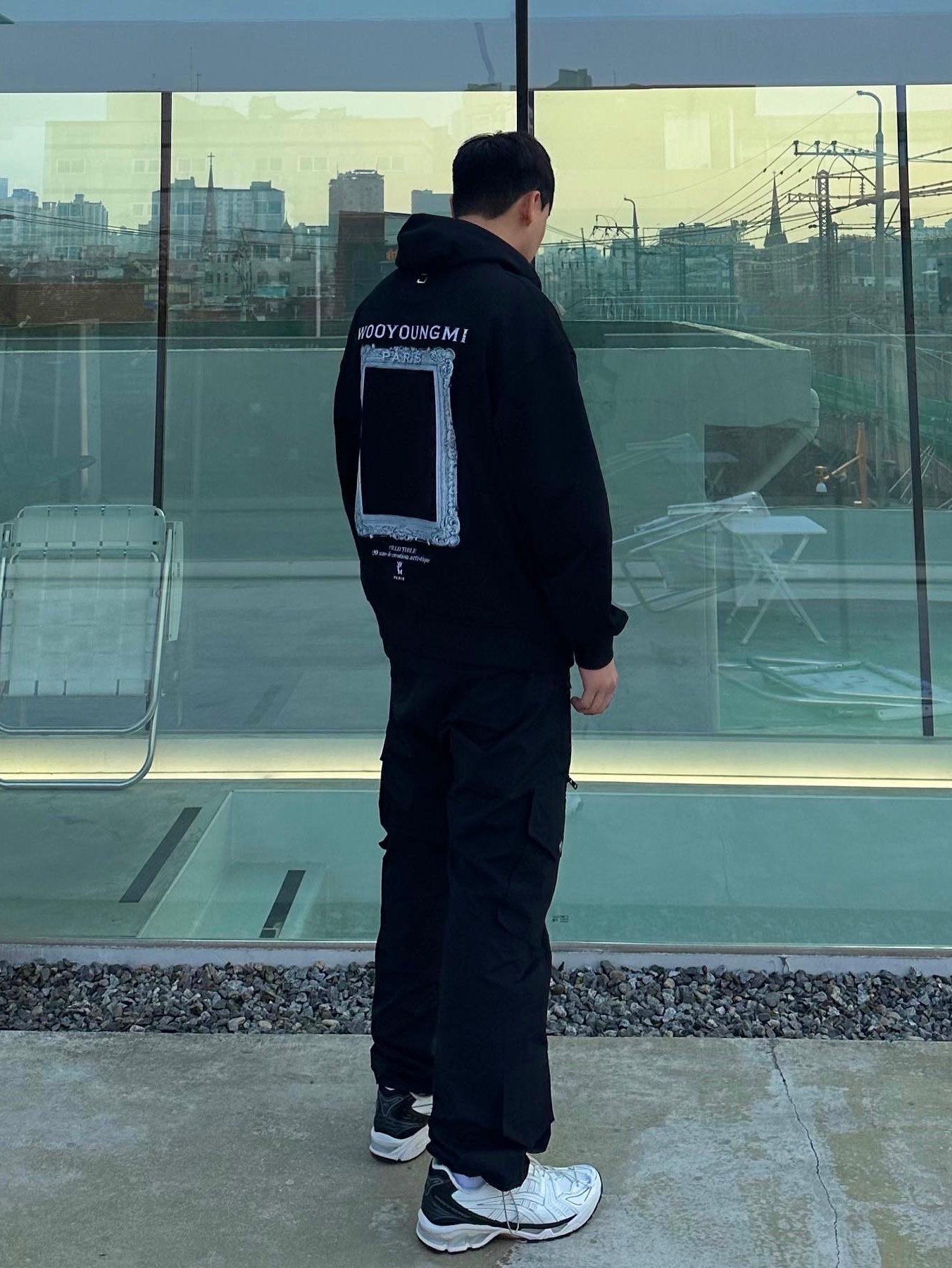 Asics x Unaffected Gel-Kayano 14 Galaxy White, Wooyoungmi Frame Back Logo Hooded Sweatshirt Black - 23SS 착용 스타일