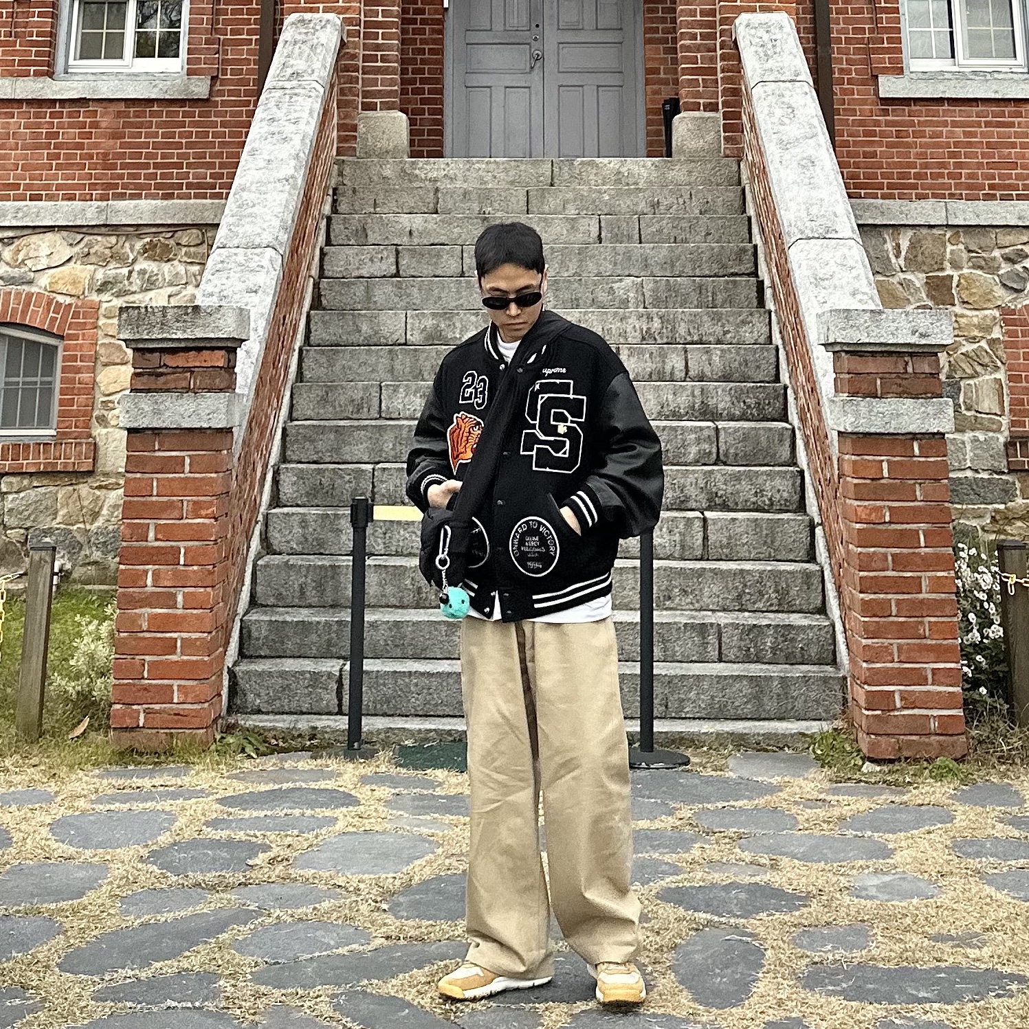 Supreme Tiger Varsity Jacket Black - 23FW, STU Wide Cotton Pants Beige 착용 스타일