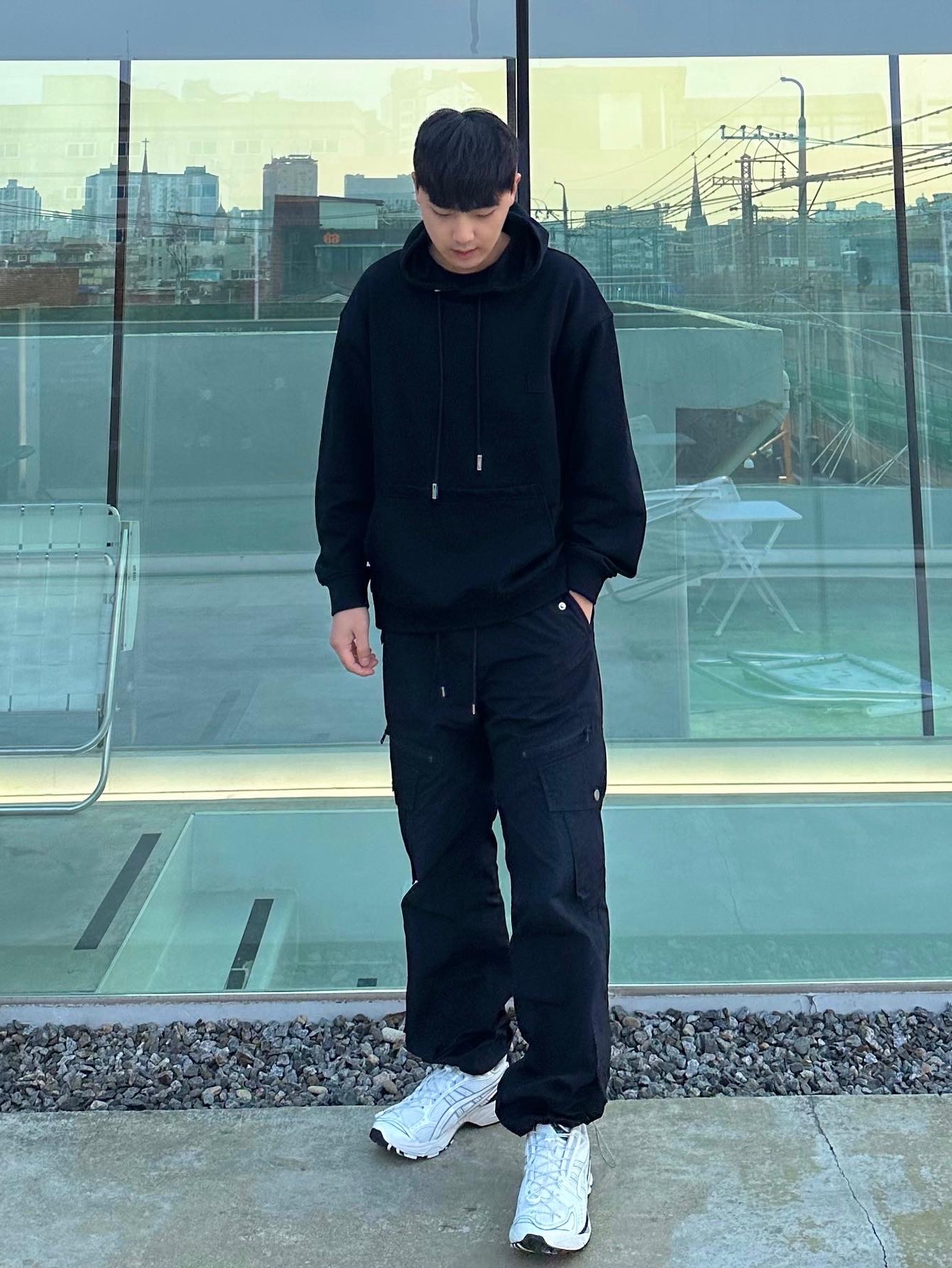 Asics x Unaffected Gel-Kayano 14 Galaxy White, Wooyoungmi Frame Back Logo Hooded Sweatshirt Black - 23SS 착용 스타일