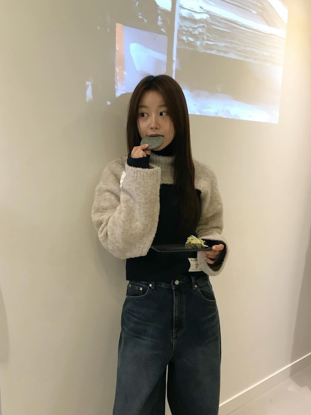 En Or Women High Neck Cropped Bolero Knit Ivory, En Or Women High Neck Cropped Bolero Knit Brown 착용 스타일