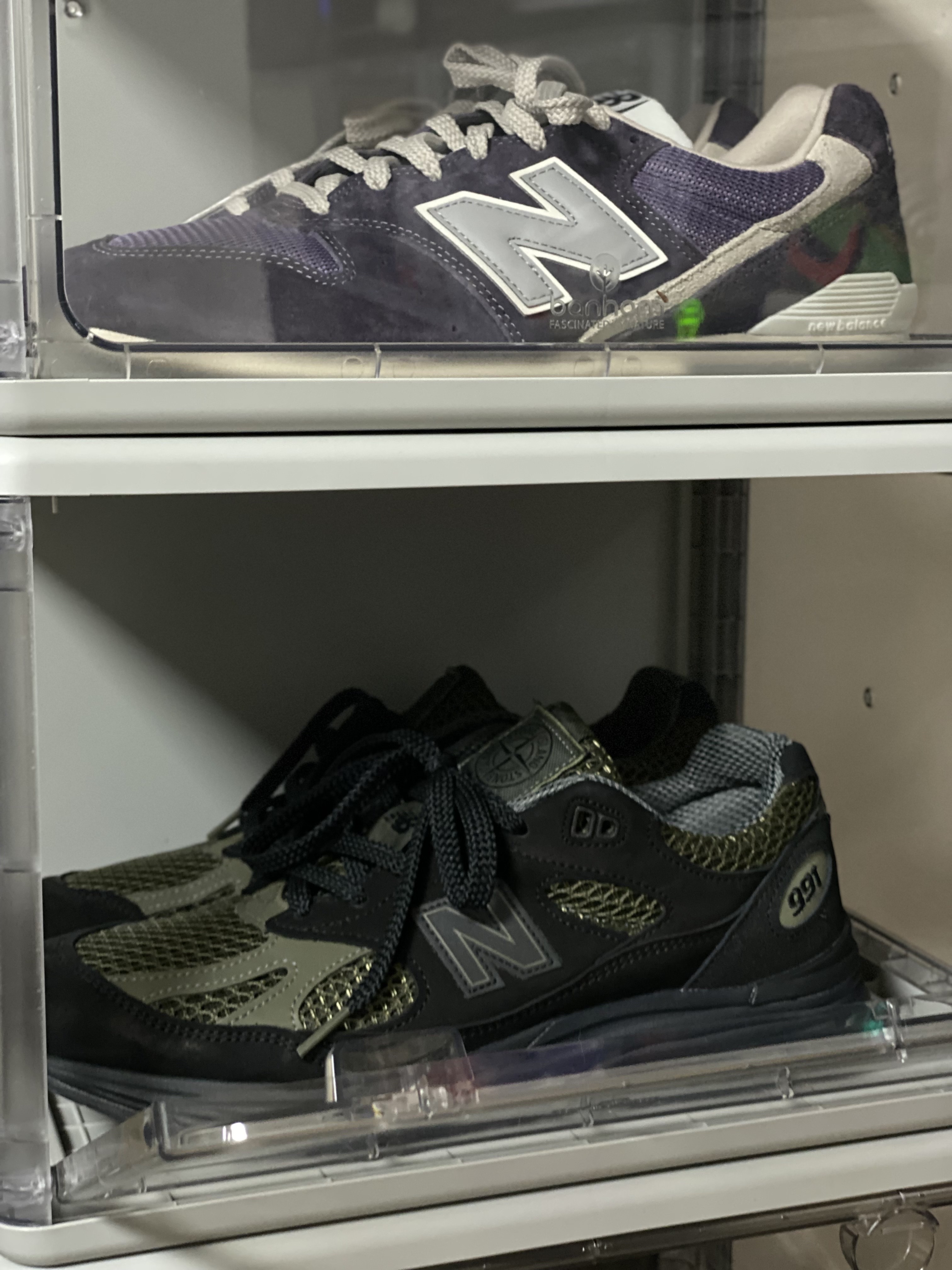 New Balance x Stone Island 991v2 Made in UK Black Olive Night, New Balance 996 Purple 착용 스타일 - 1