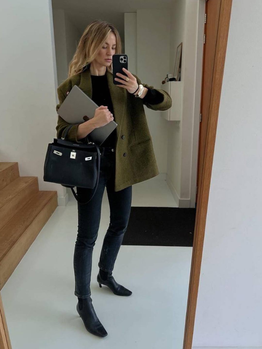 Auralee Bluefaced Wool Dobby Over Jacket Brown, (W) Isabel Marant Charly Wool Tailored Jacket Black 착용 스타일 - 5