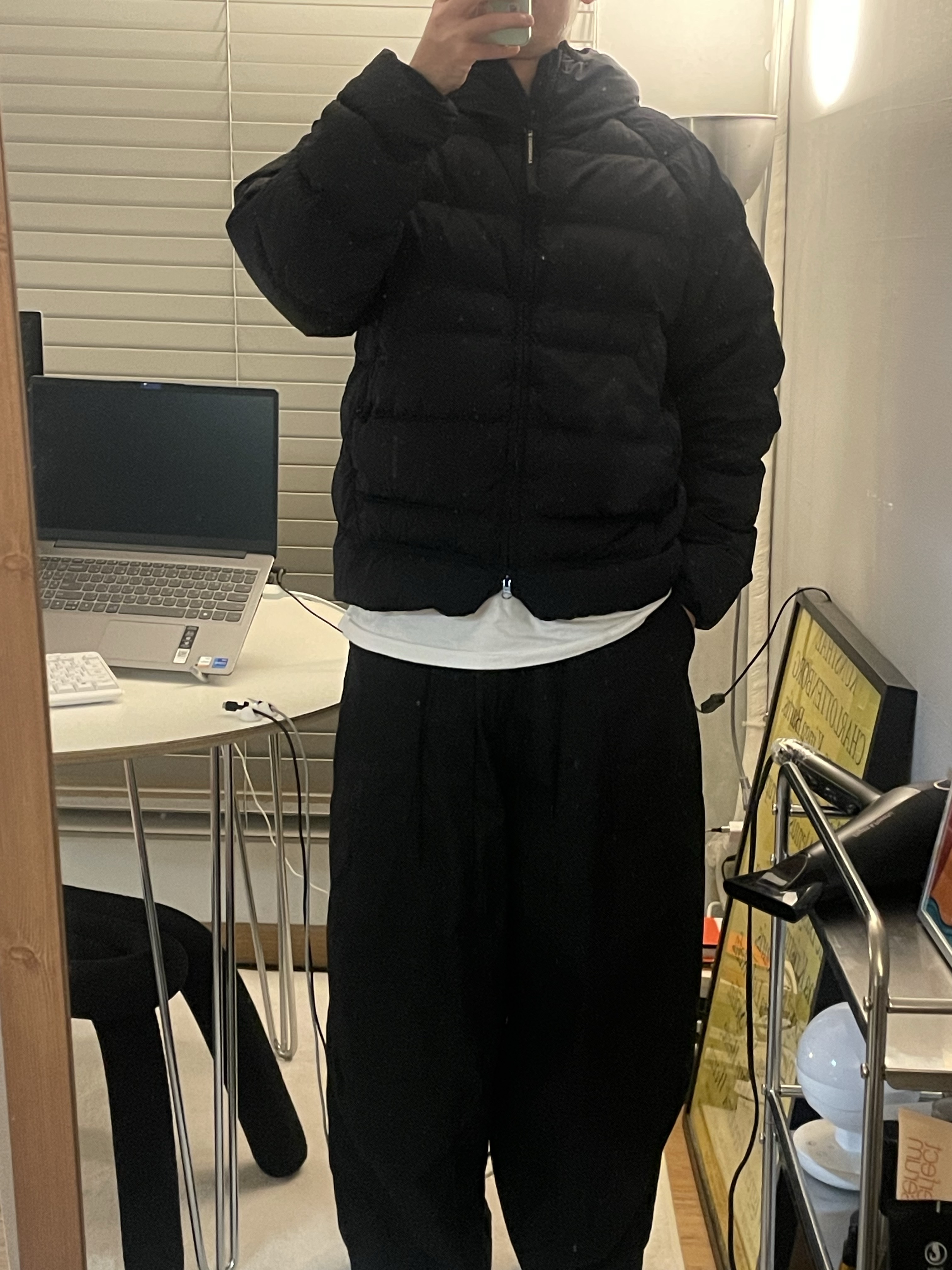 C.P. Company Eco-Chrome R Hooded Down Goggle Jacket Navy - 22FW, Needles H.D. Fatigue Pants Black 착용 스타일