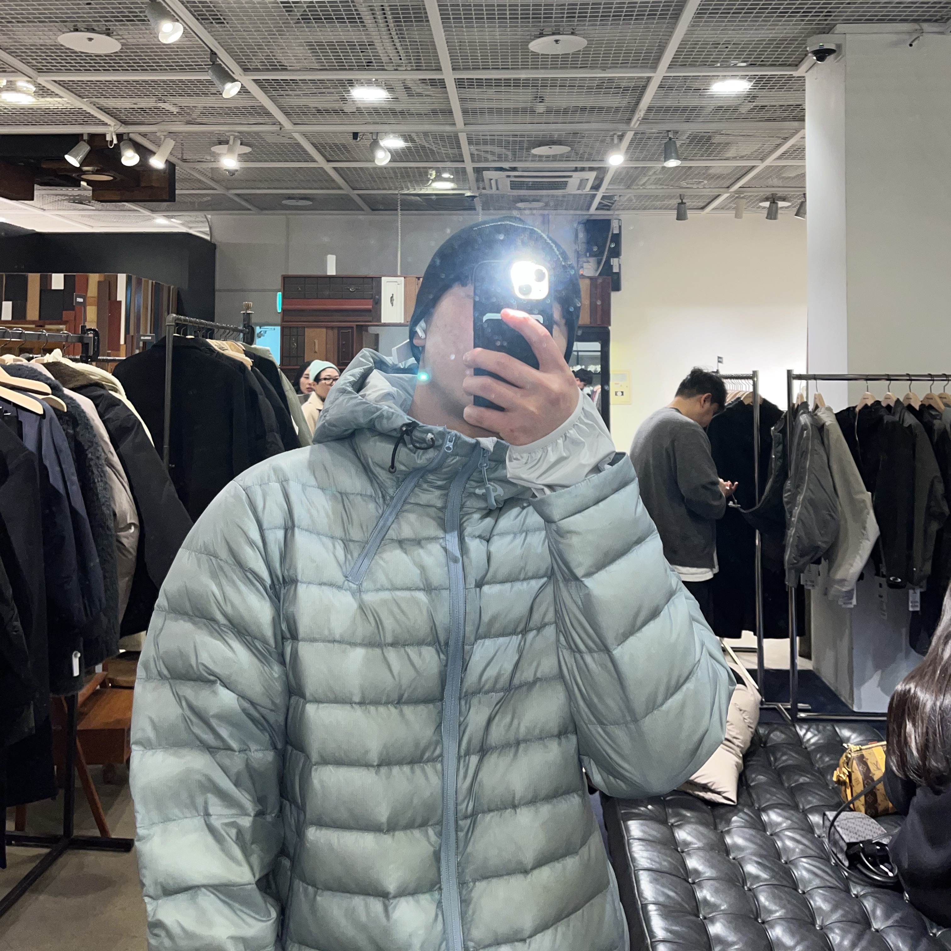 Sansan Gear Suffix Puffer Jacket Sky Blue - 23FW 착용 스타일