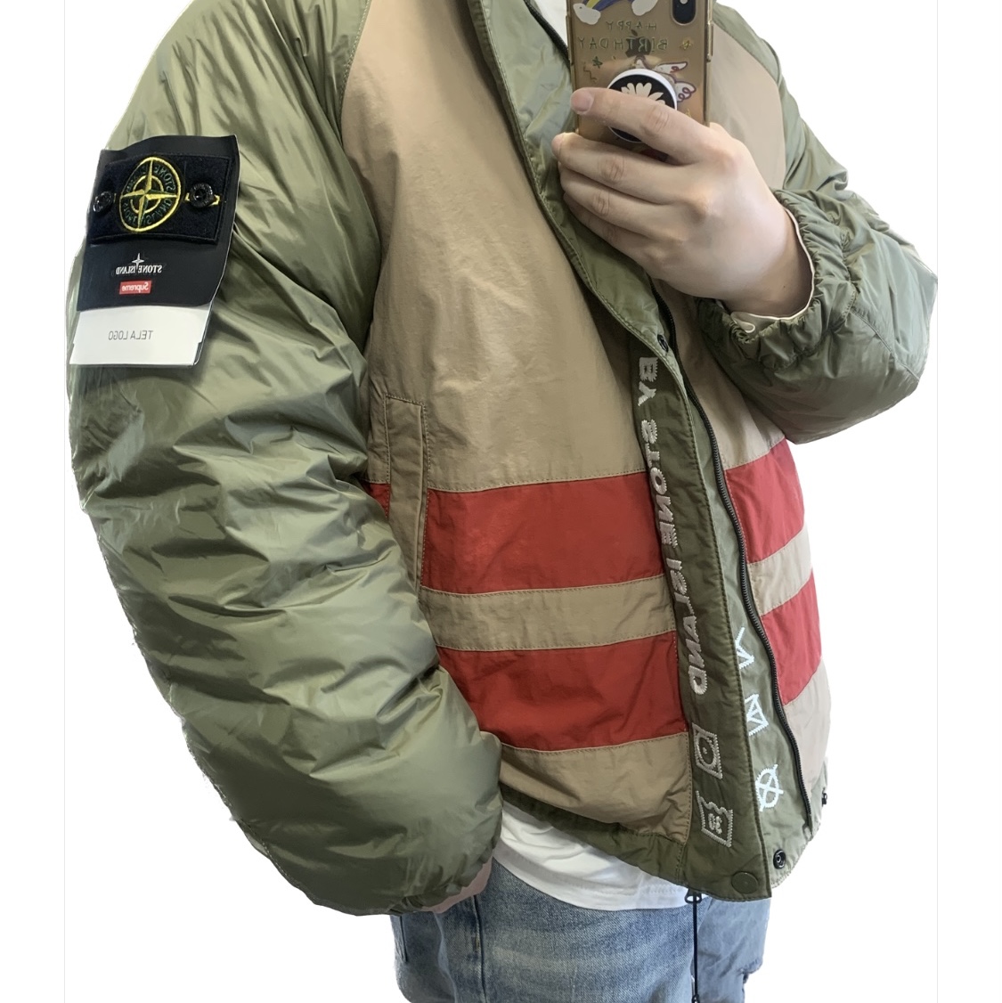 Supreme x Stone Island Reversible Down Puffer Jacket Olive - 23FW 착용 스타일 - 2