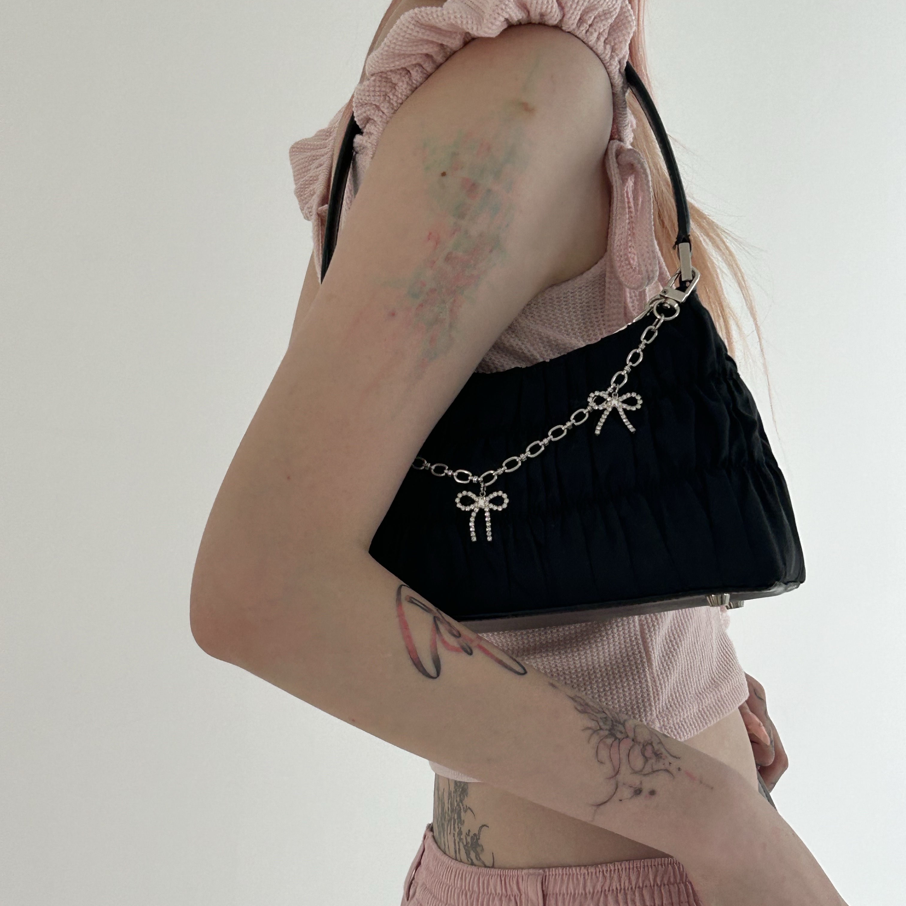 For Appeal Ribbon Chain Bag Charm, For Appeal Women Sparkle Star Shirring Hobo Bag Black 착용 스타일