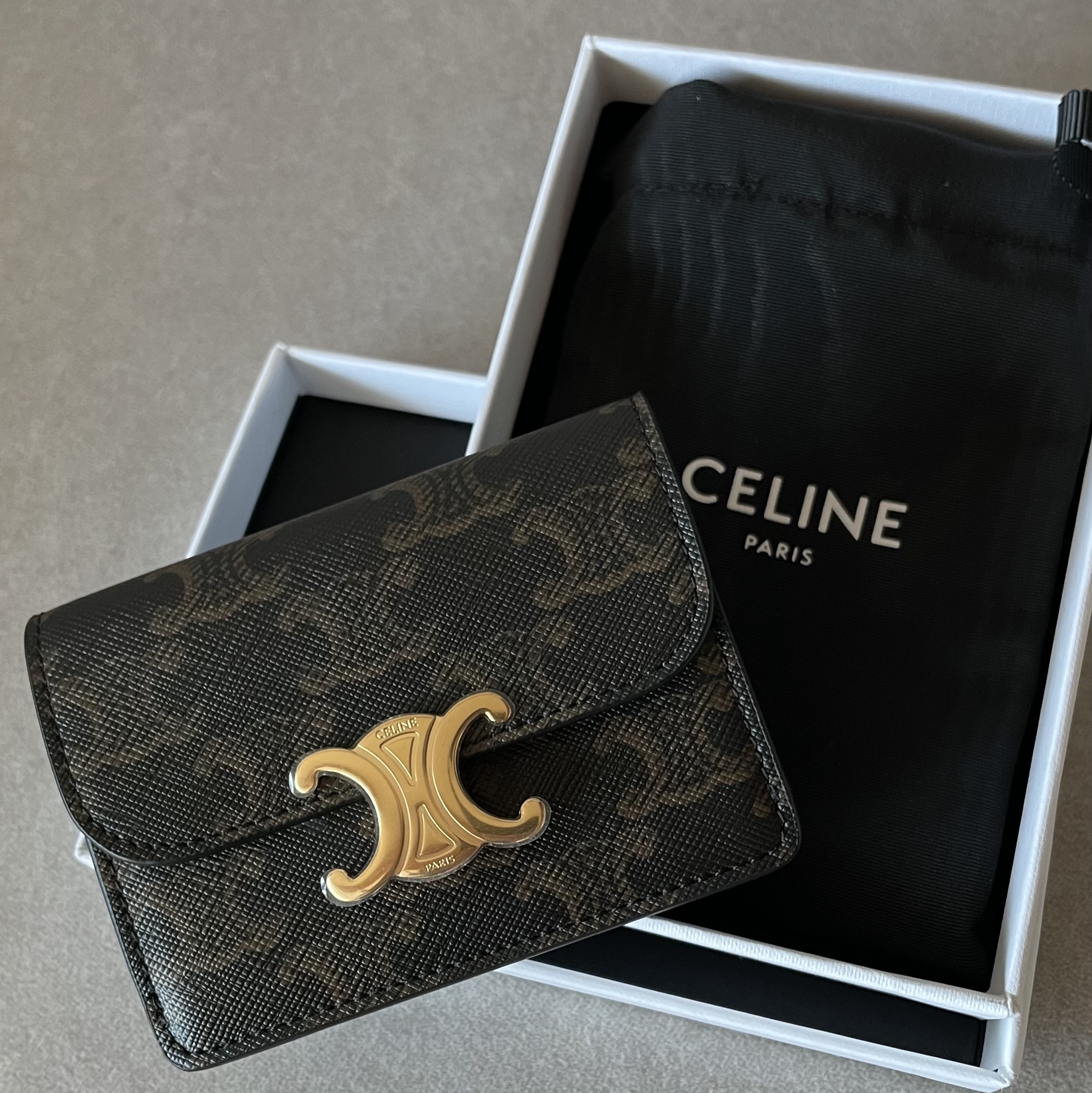 Celine Card Holder with Flap in Triomphe Canvas Tan 착용 스타일 - 1