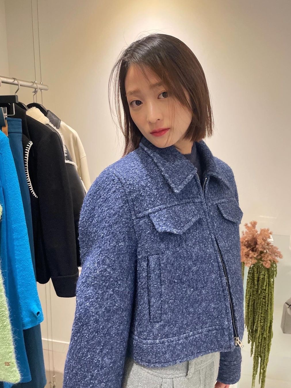 Enor Women Boucle Tweed ZipUp Jacket Green 착용 스타일 - 1