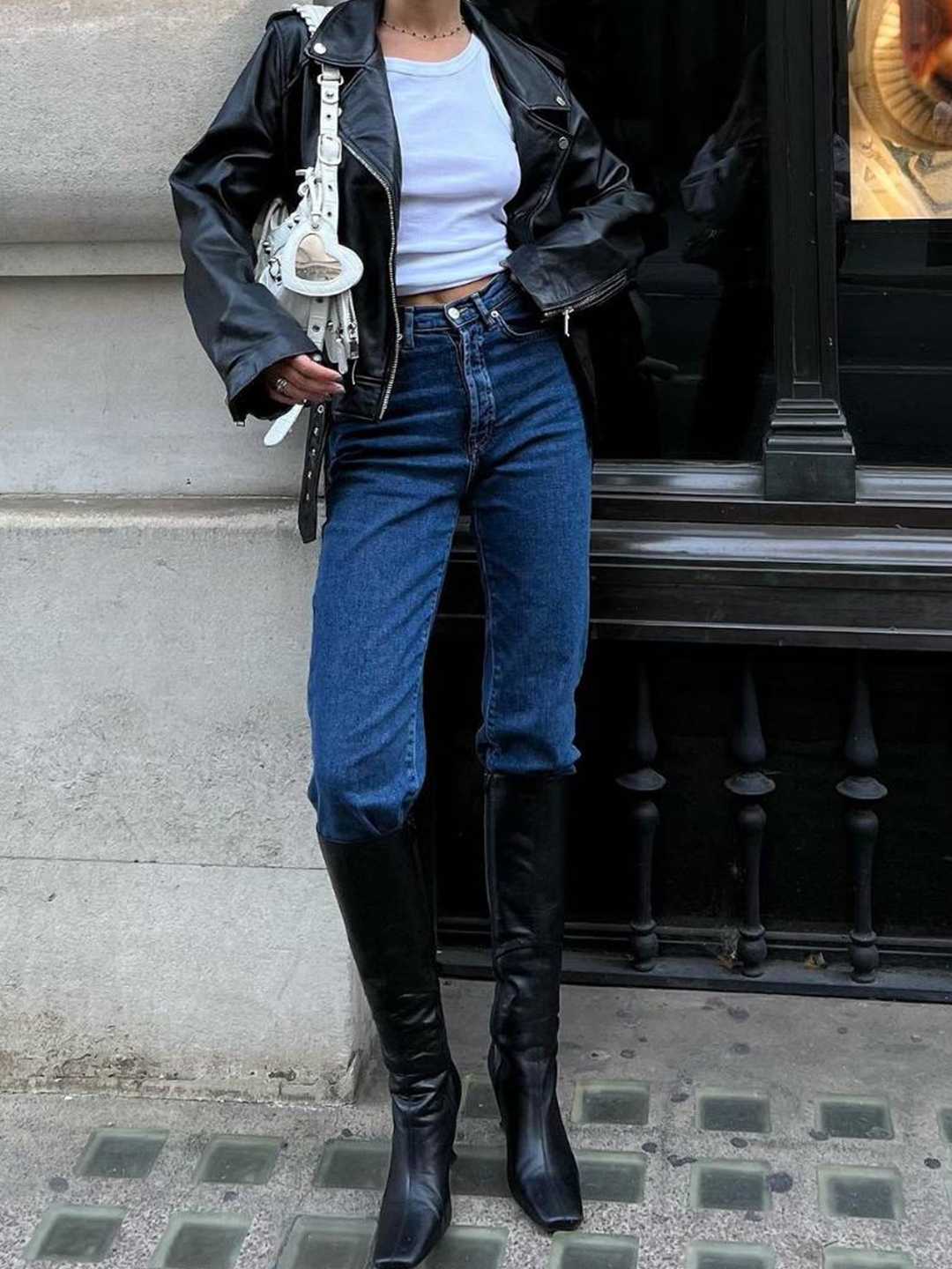 Porta Women Leather Stitch Western Long Boots Ivory, Porta Women Leather Stitch Western Long Boots Black 착용 스타일 - 3