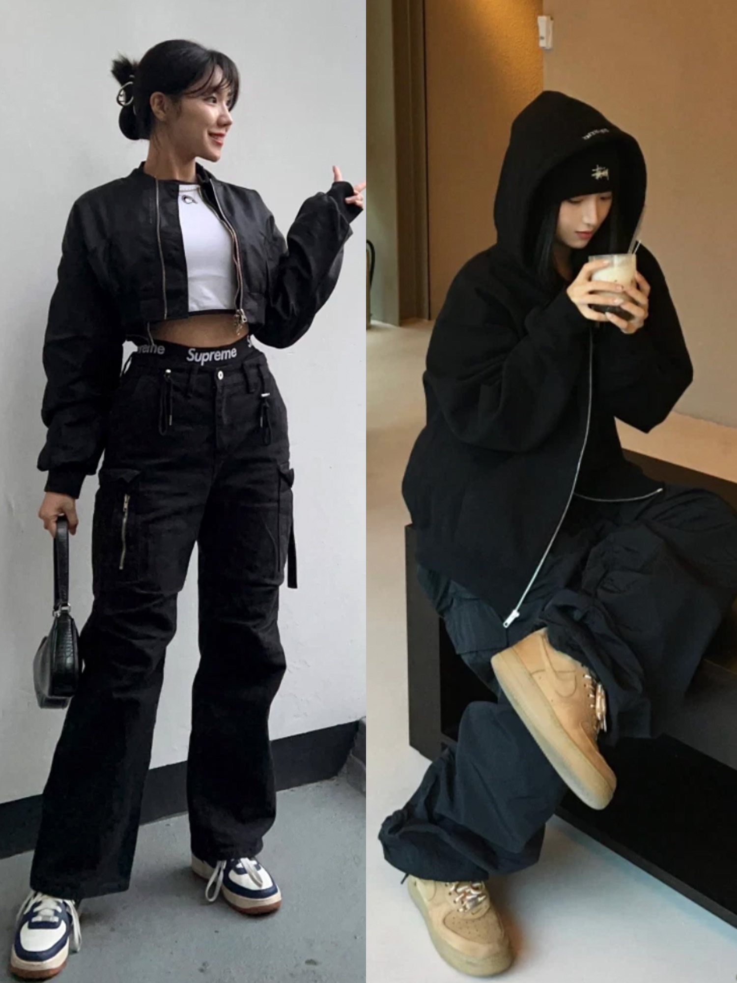 (W) Nike Zoom Vomero 5 Wolf Grey and Black, Nike Air Force 1 '07 Low Triple Black 착용 스타일 - 6