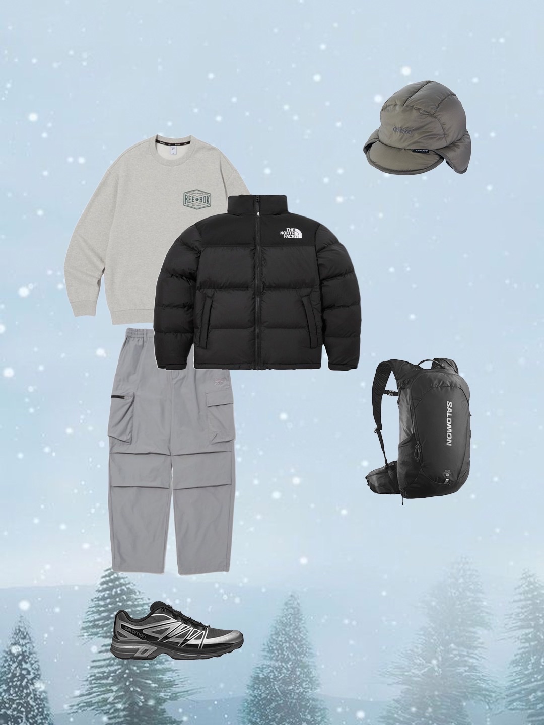 The North Face 1996 Retro Nuptse Jacket Dark Oak, New Balance 530 Classic Black 착용 스타일 - 4