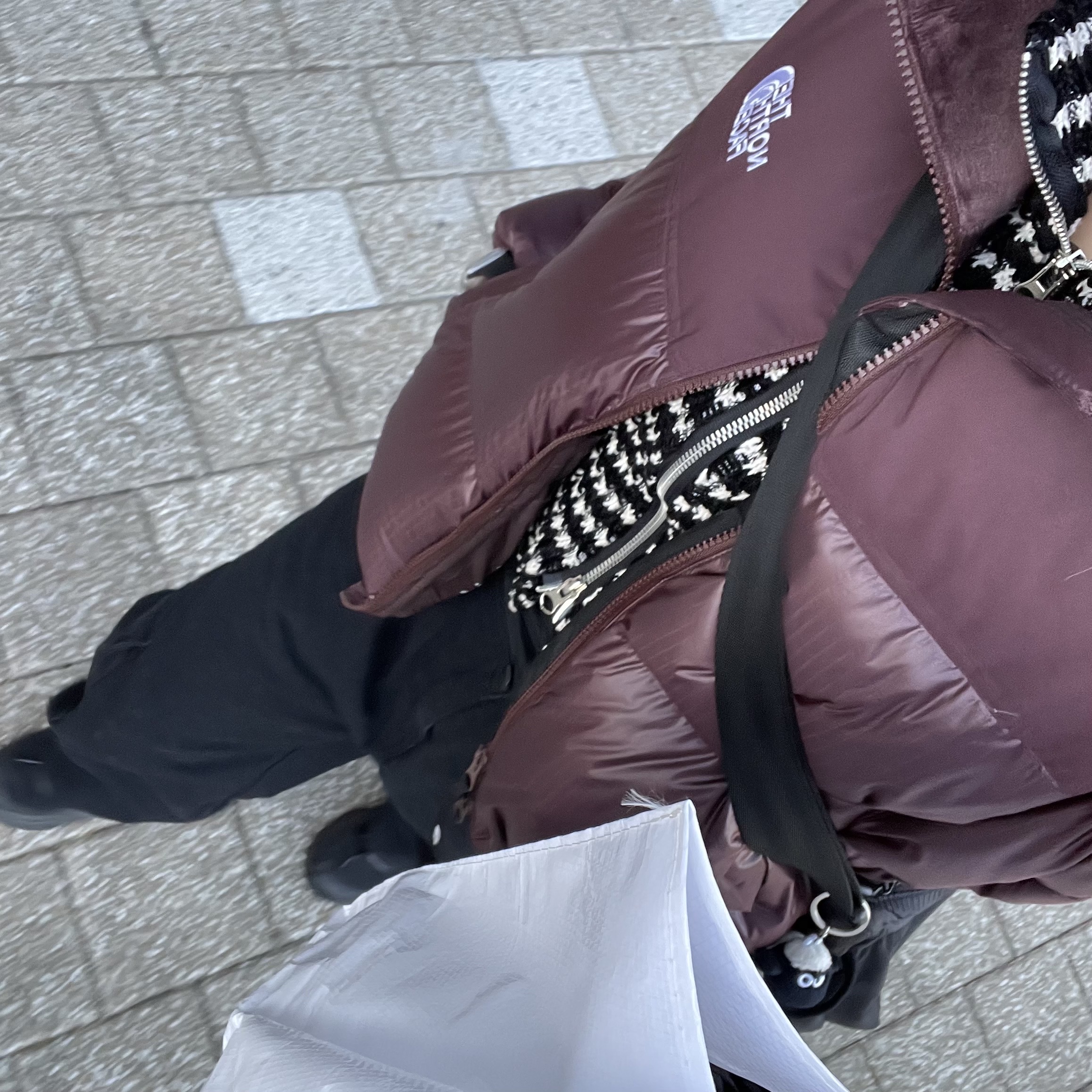 (W) The North Face White Label Novelty Nuptse Down Jacket Cocoa Brown, Mischief Mesh Pocket Cross Bag Black 착용 스타일