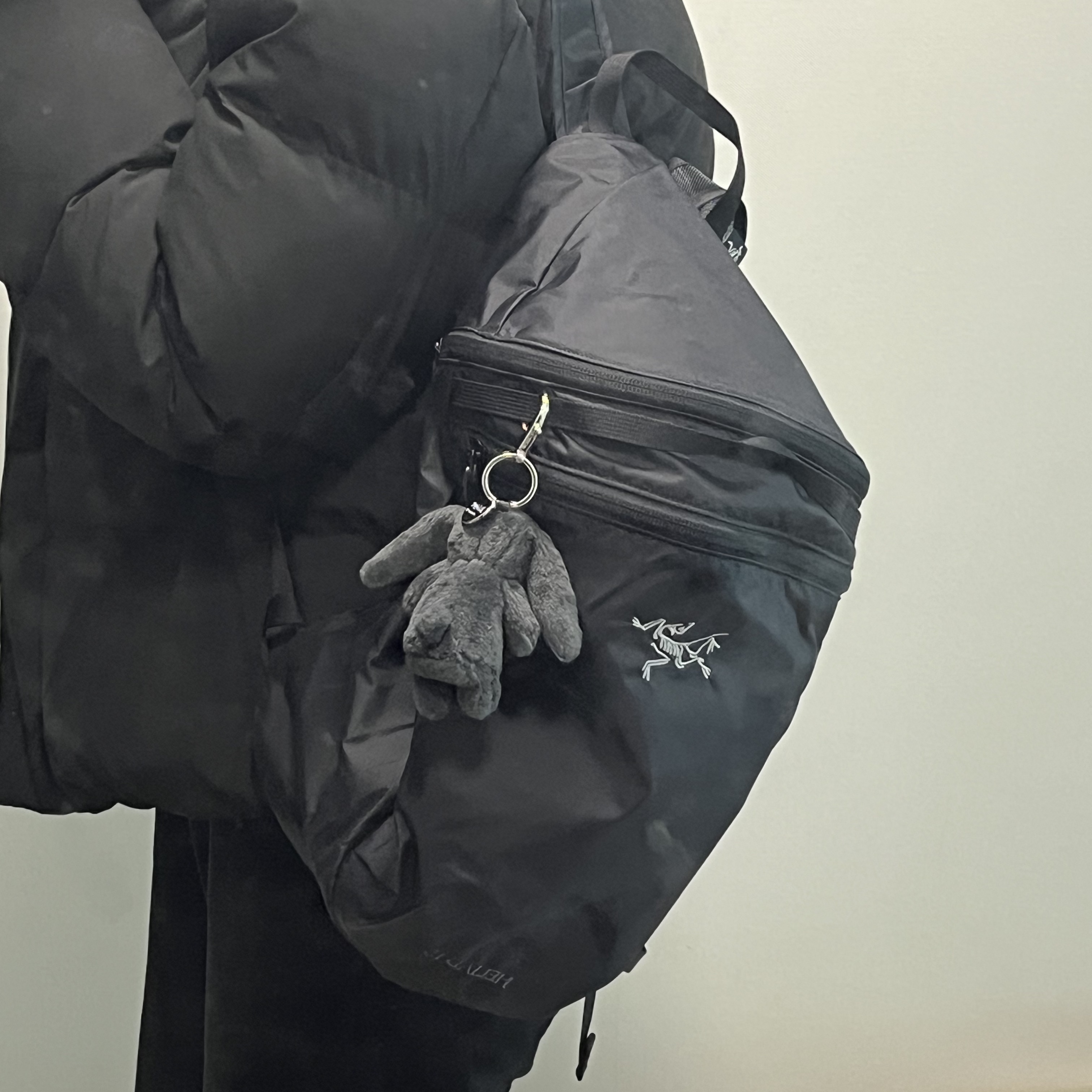 Arc'teryx Heliad 15 Backpack Black, Jellycat Bashful Bunny Bag Charm Ink 착용 스타일