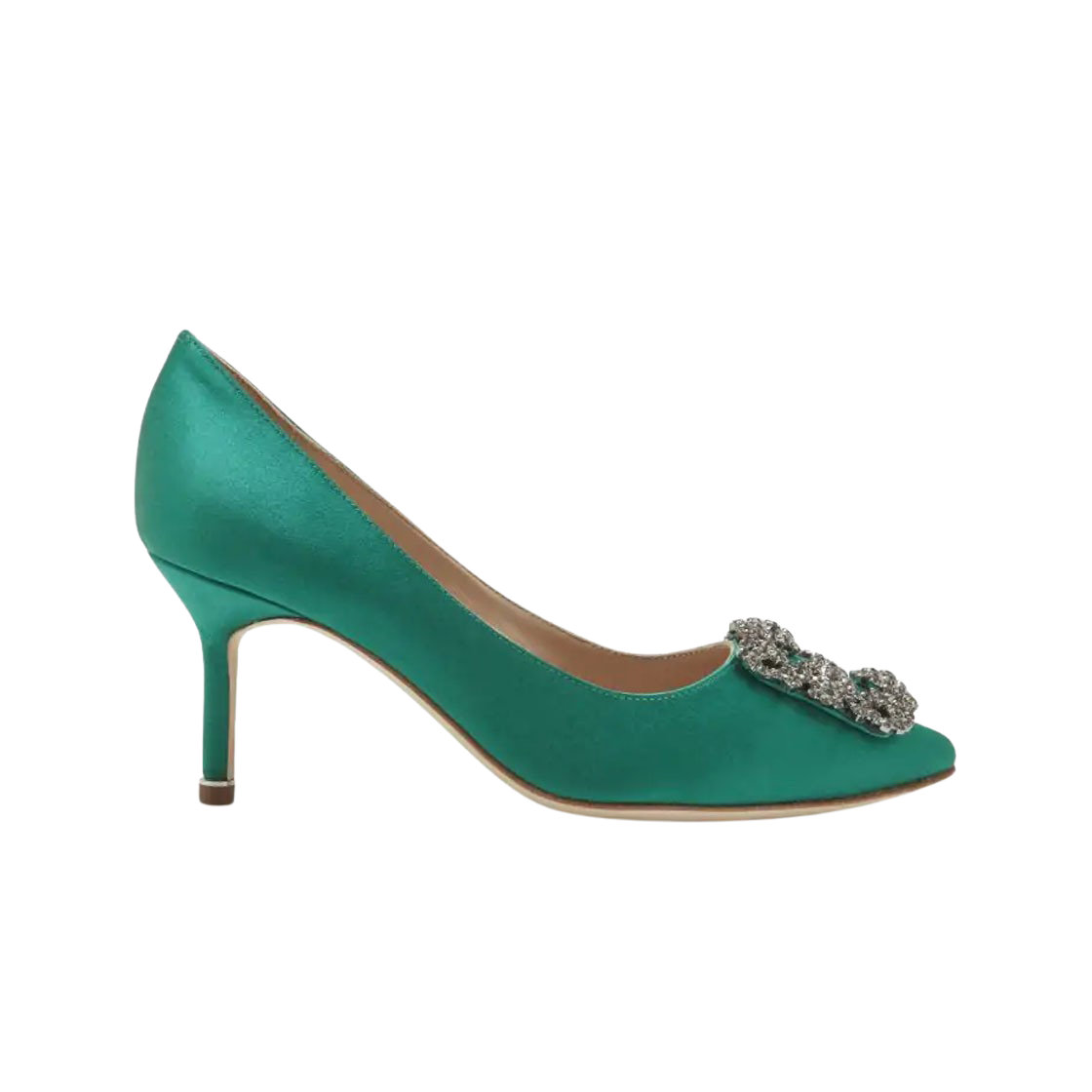 9XX-0662-0030 (W) Manolo Blahnik Hangisi 70 Green Satin Jewel Buckle Pumps