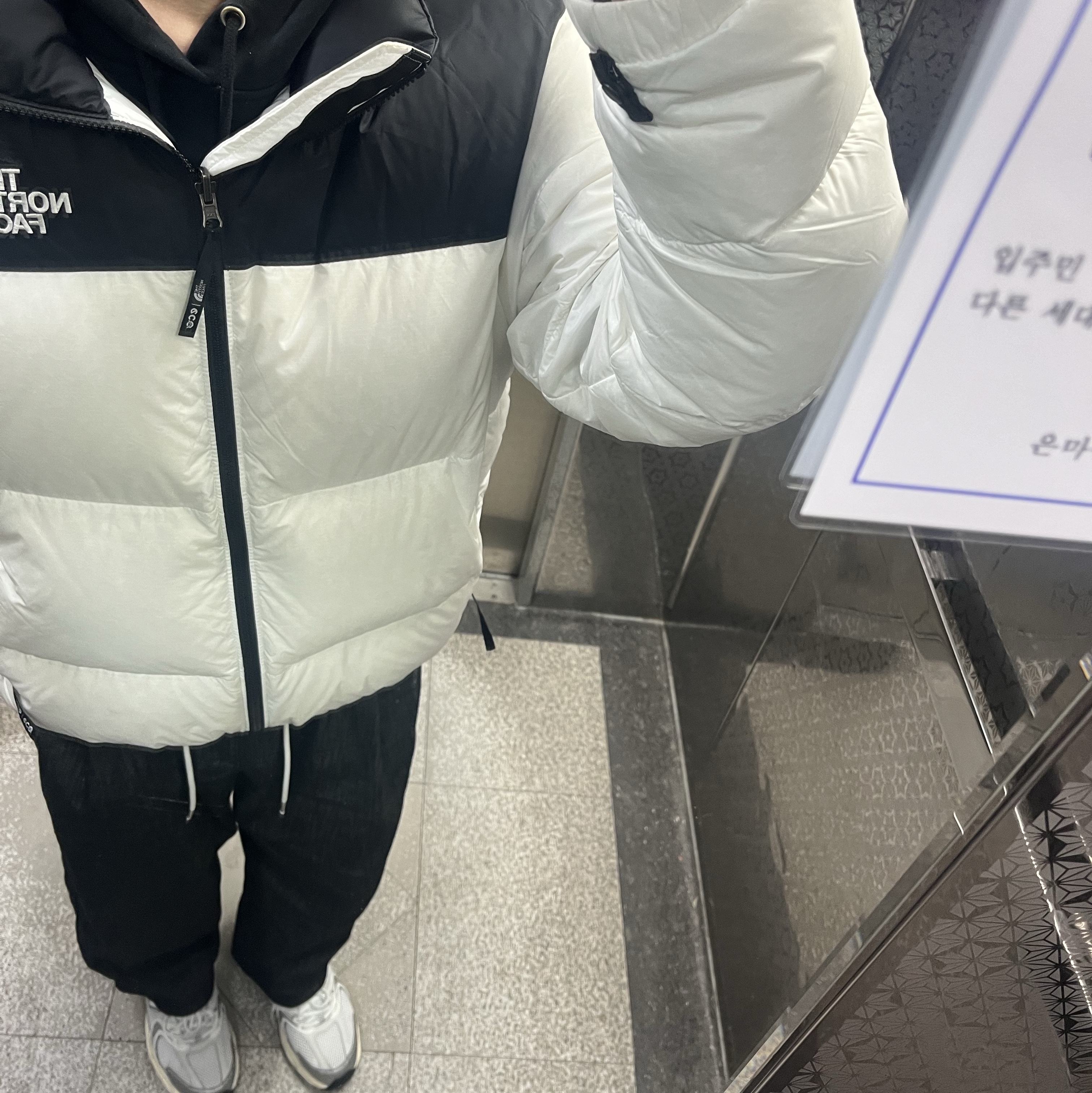 The North Face 1996 Eco Nuptse Jacket White, New Balance 530 White Silver 착용 스타일 - 1