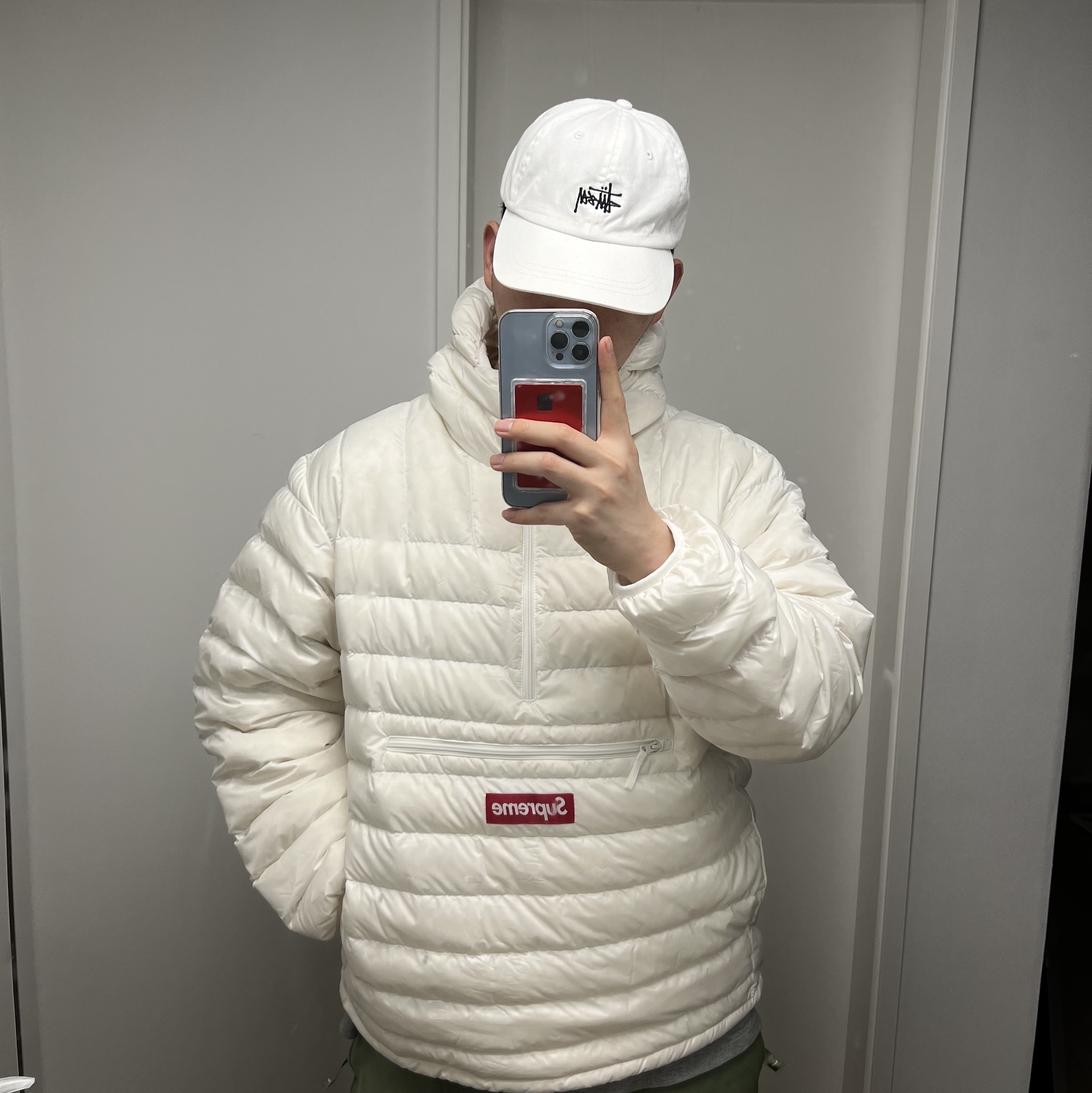 Supreme Micro Down Half Zip Hooded Pullover White - 23FW 착용 스타일