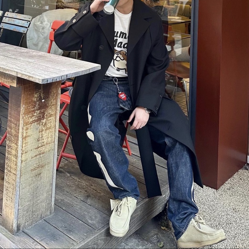 Wooyoungmi Belted Turn Up Coat Black - 21FW, Kapital 12.5 oz. Denim Mexican Tuxedo 5P Okagilly Pants Indigo 착용 스타일 - 1