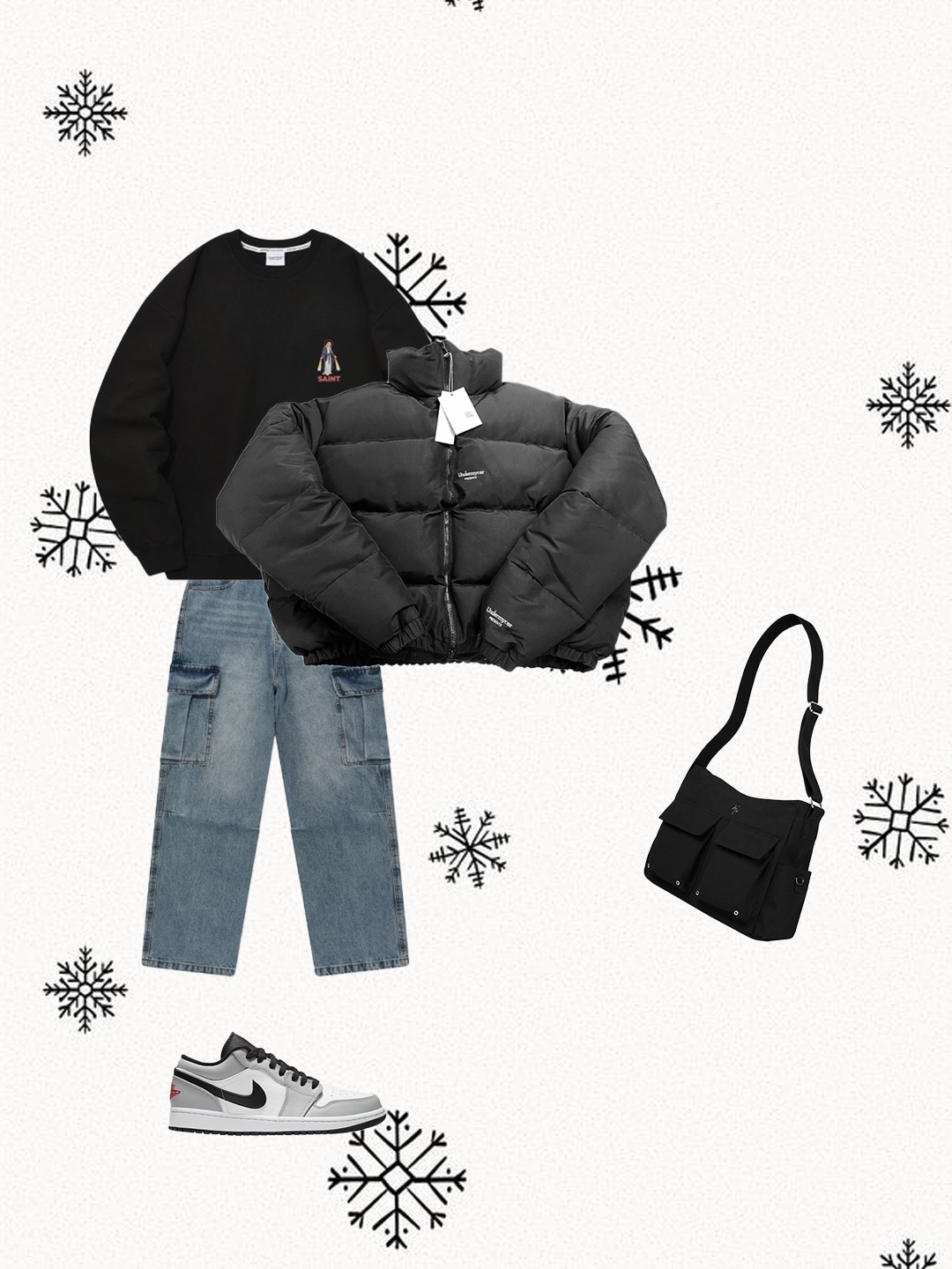 Undermycar Mu.15 Anti Fxxking Logo Play Triple Logo Crop Padding Jacket Black, Jordan 1 Low Light Smoke Grey 착용 스타일 - 2