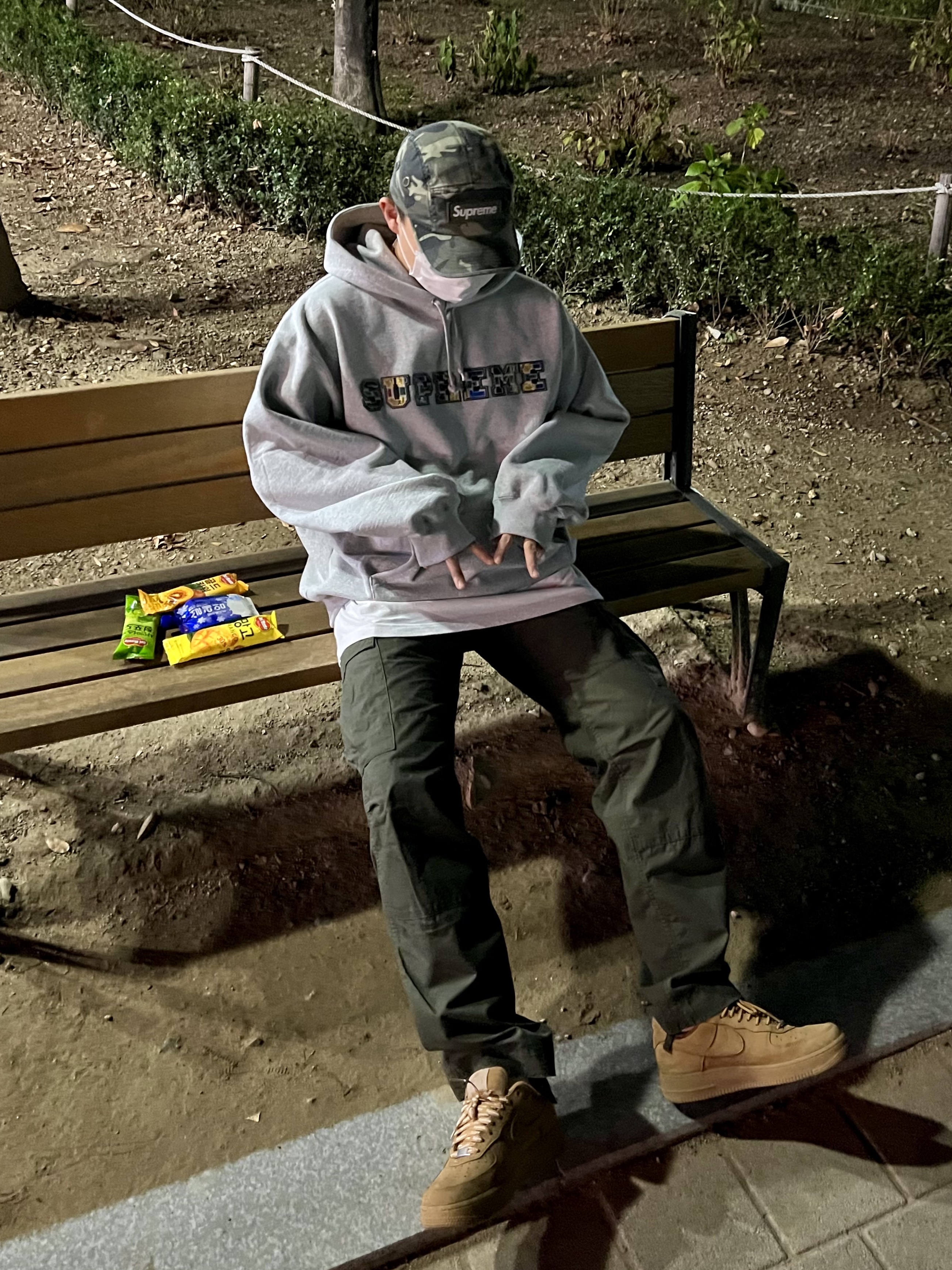 Supreme Collegiate Patchwork Leather Hooded Sweatshirt Heather Grey - 23FW, Supreme Military Camp Cap Olive Camo - 23SS 착용 스타일
