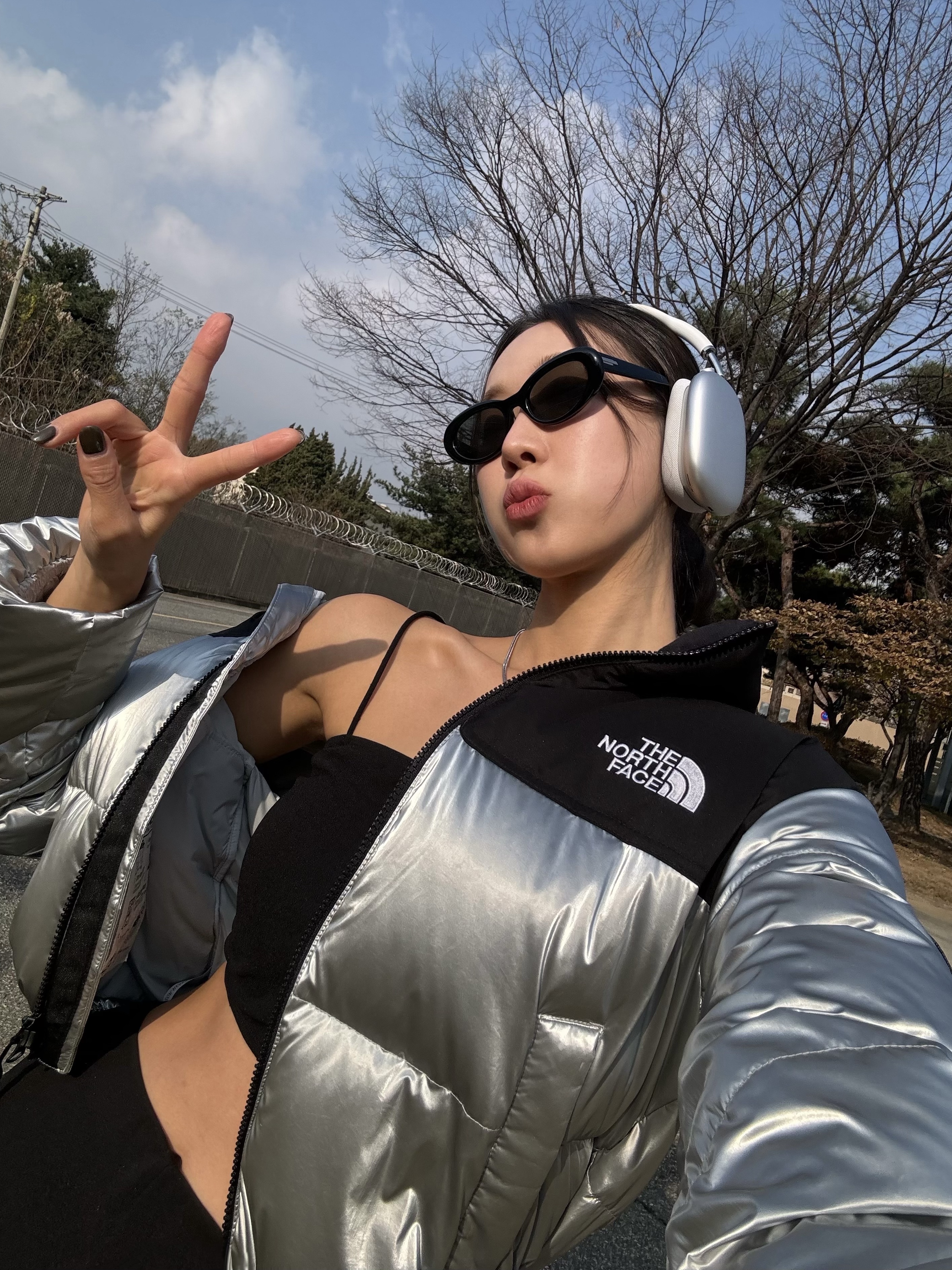 (W) The North Face White Label Novelty Nuptse Down Jacket Silver, Apple AirPods Max Lightning Silver (Korean Ver.) 착용 스타일 - 1