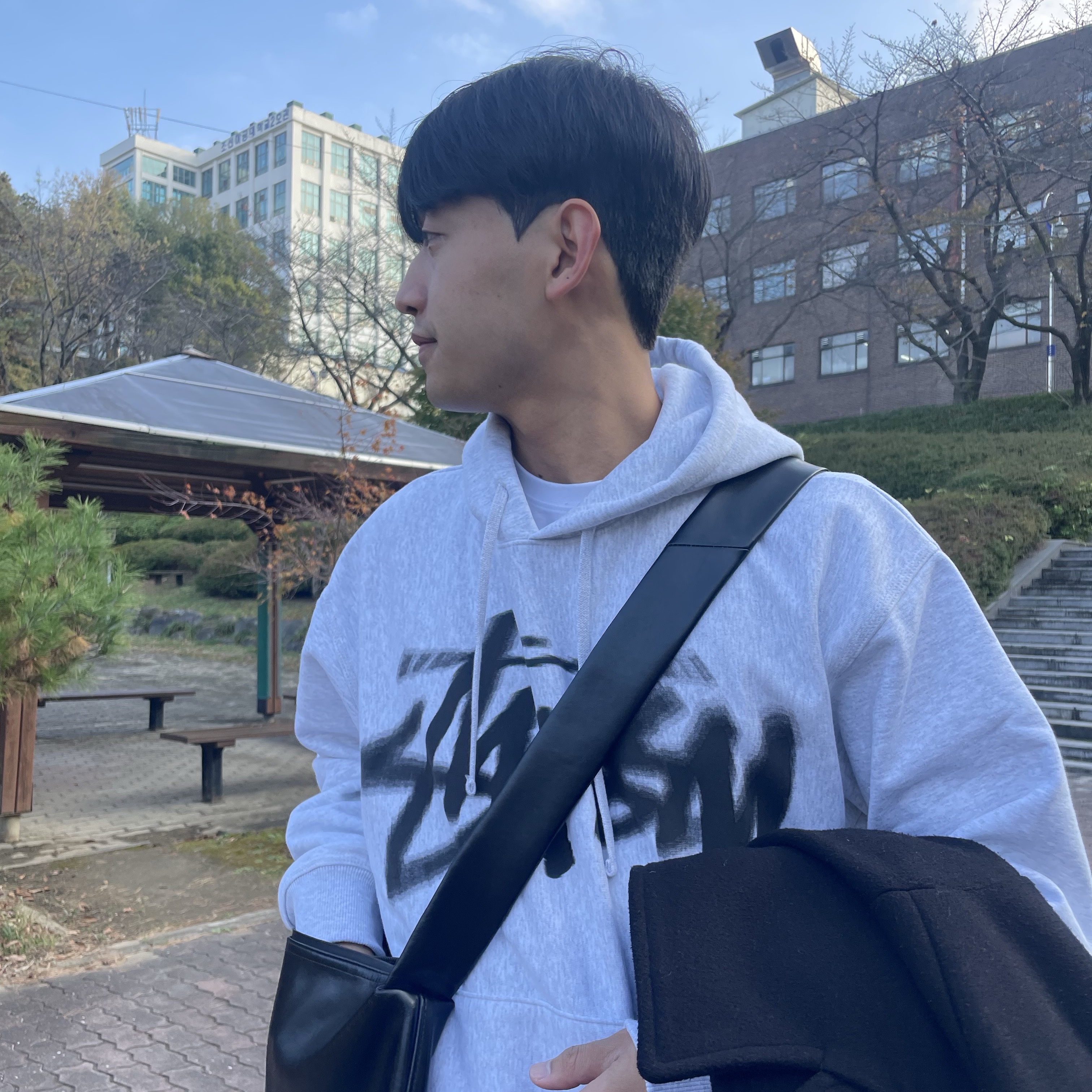 Stussy Dizzy Stock Hoodie Ash Heather 착용 스타일
