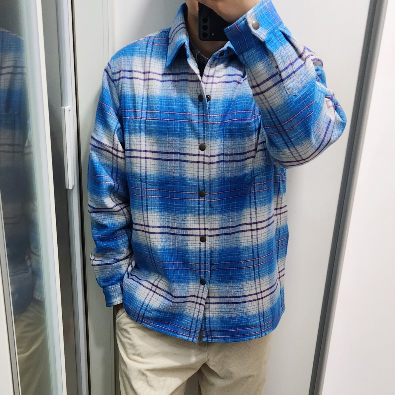 Supreme Lined Flannel Snap Shirt Blue - 23FW, Supreme Corduroy Camp Cap Navy - 23FW 착용 스타일 - 2