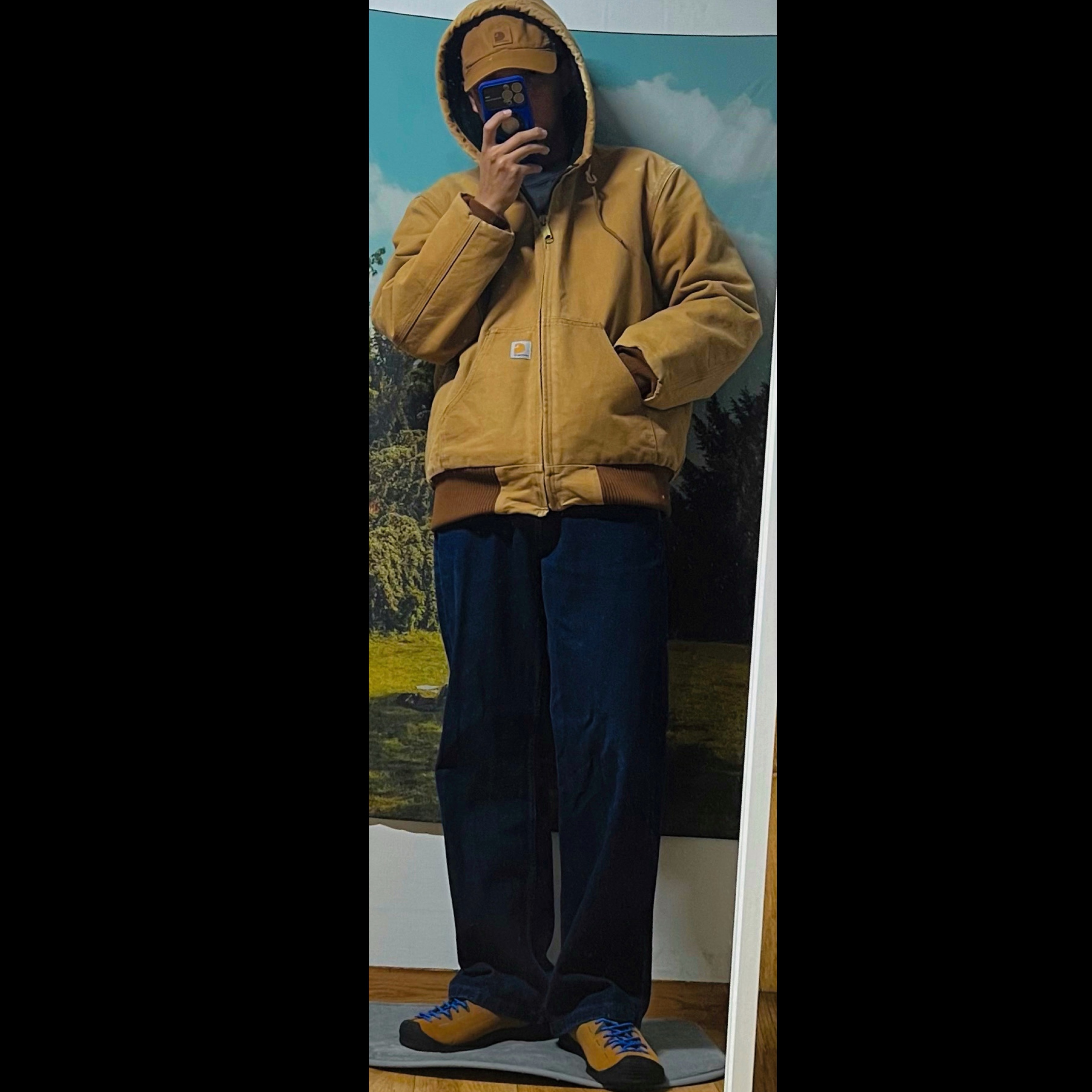 Carhartt Canvas Cap Carhartt Brown, Keen Jasper Suede Sneakers Camel 착용 스타일