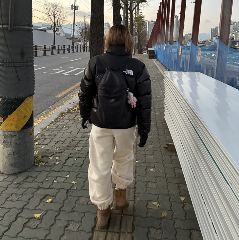 The North Face 1996 Eco Nuptse Jacket Black, Arc'teryx Heliad 15 Backpack Black 착용 스타일 - 2